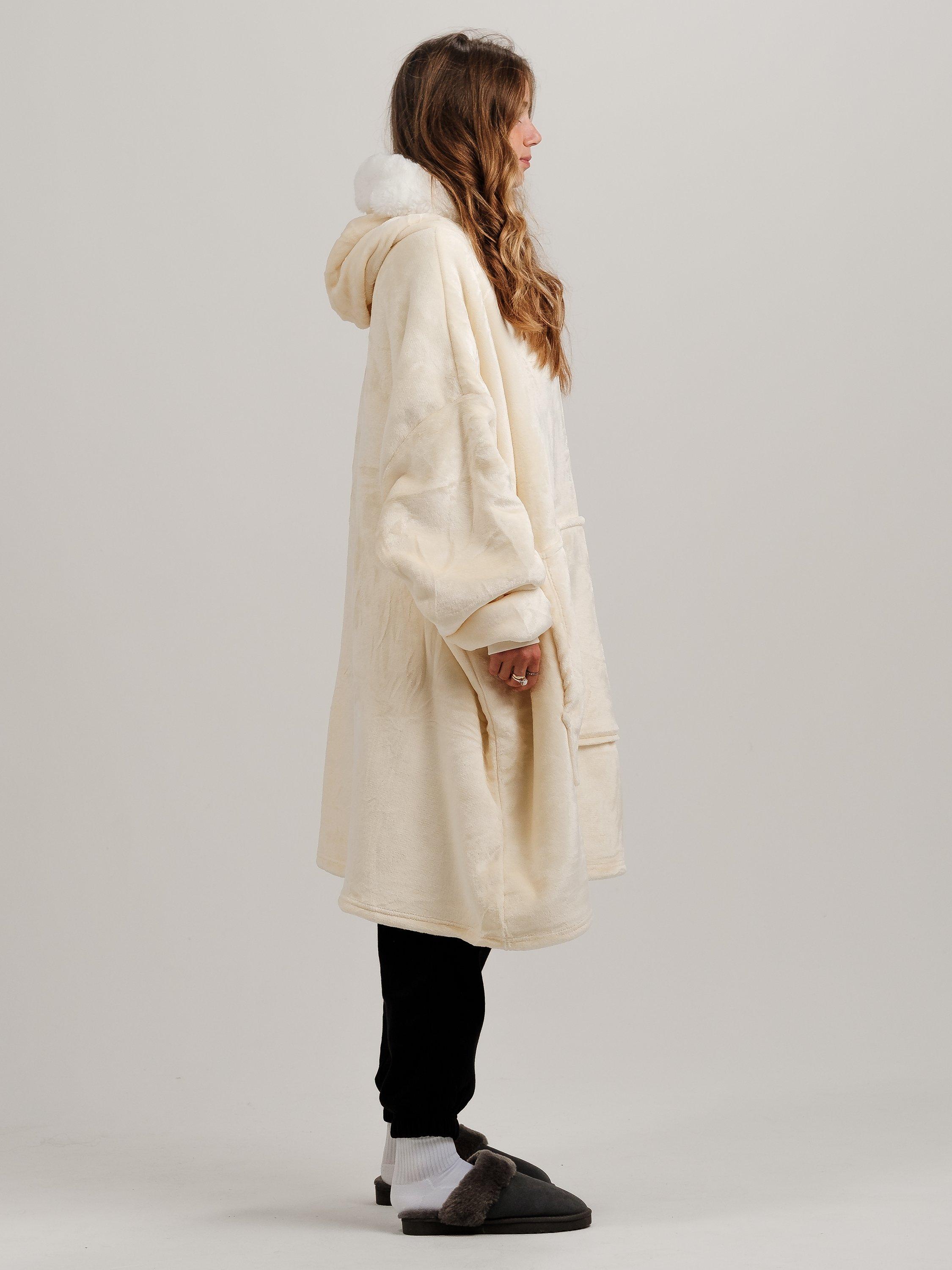 Product image 7 of 10, which shows Ony Unisex Faux Fur Collar Sherpa Lined Fleece Hoodie Blanket, Cream/White, One Size