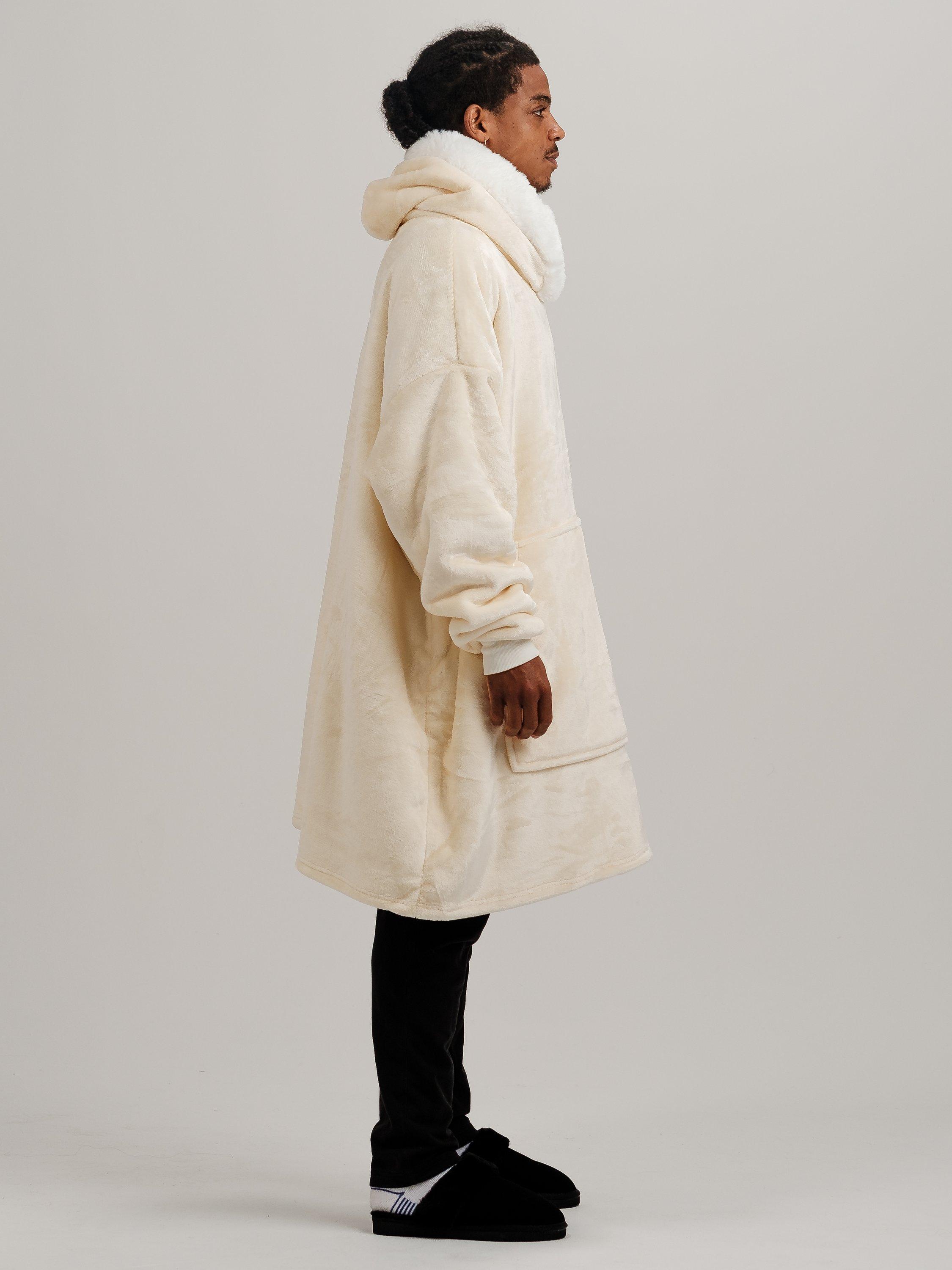 Product image 8 of 10, which shows Ony Unisex Faux Fur Collar Sherpa Lined Fleece Hoodie Blanket, Cream/White, One Size