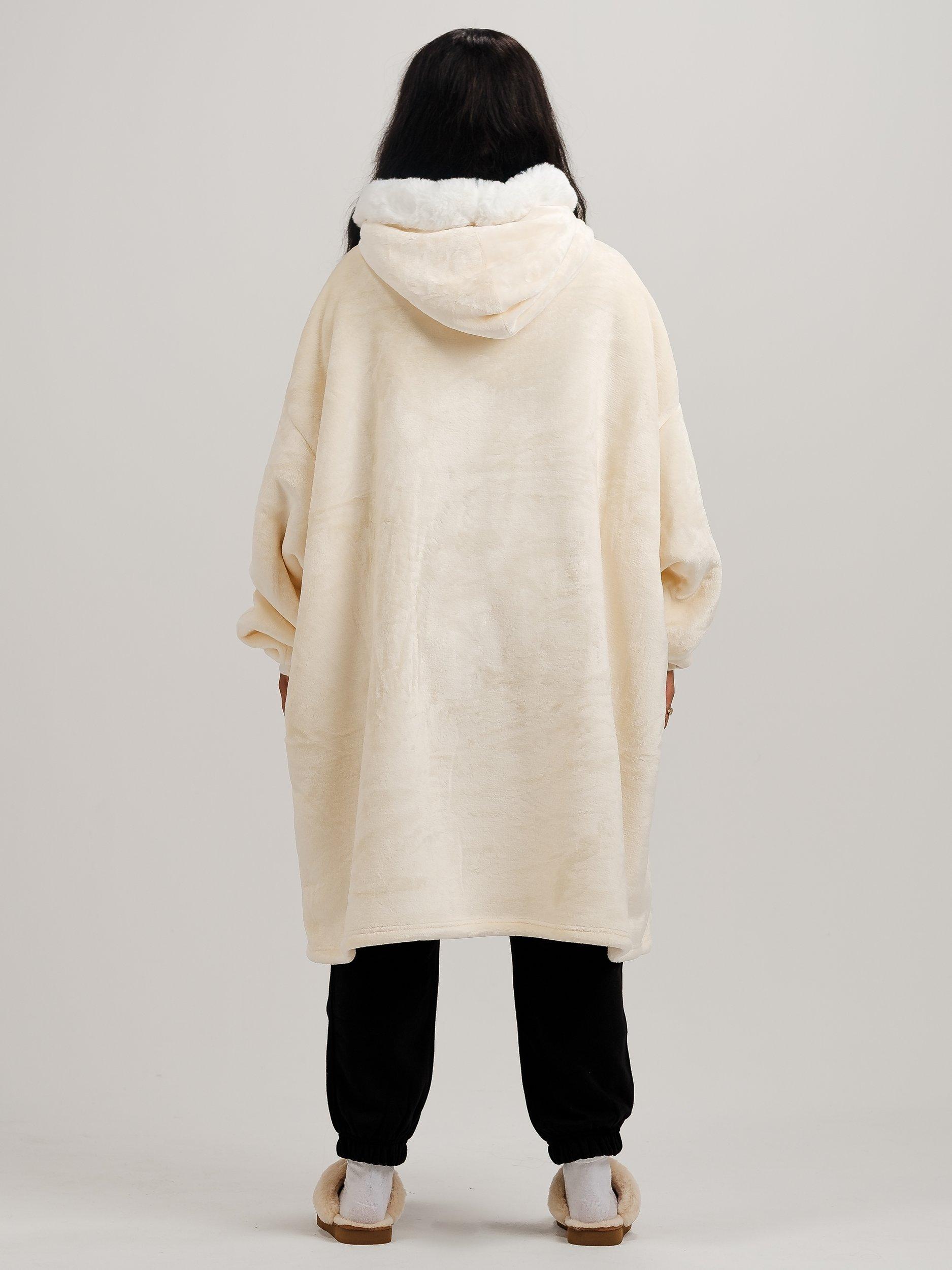 Product image 9 of 10, which shows Ony Unisex Faux Fur Collar Sherpa Lined Fleece Hoodie Blanket, Cream/White, One Size