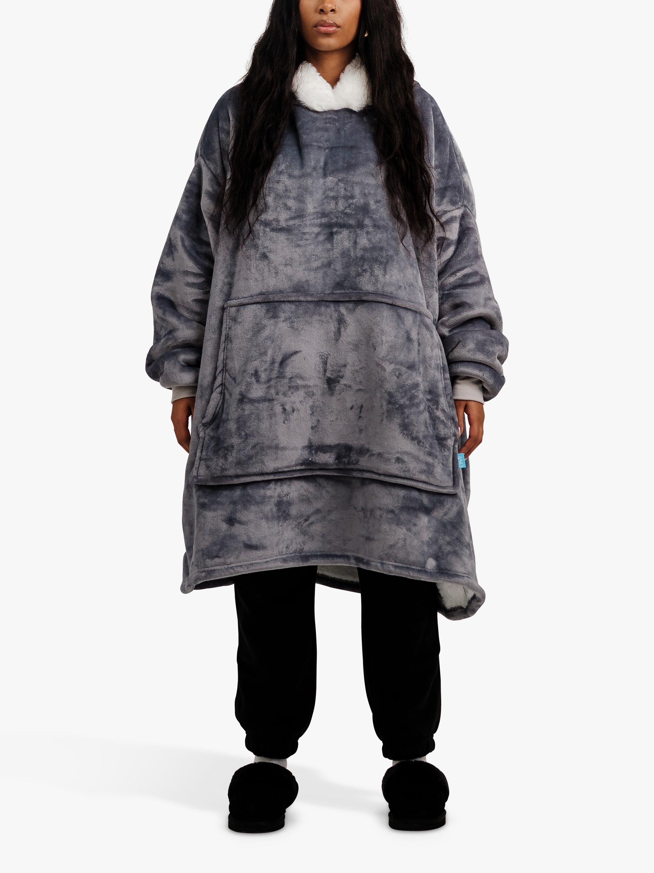 Product image 1 of 11, which shows Ony Unisex Faux Fur Collar Sherpa Lined Fleece Hoodie Blanket, Grey/White, One Size