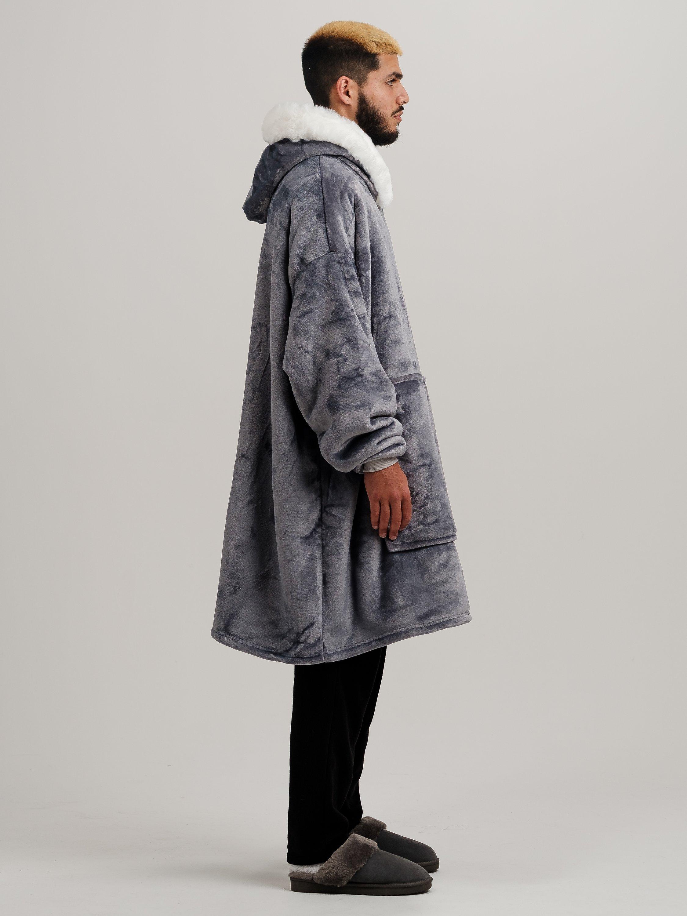 Product image 7 of 11, which shows Ony Unisex Faux Fur Collar Sherpa Lined Fleece Hoodie Blanket, Grey/White, One Size