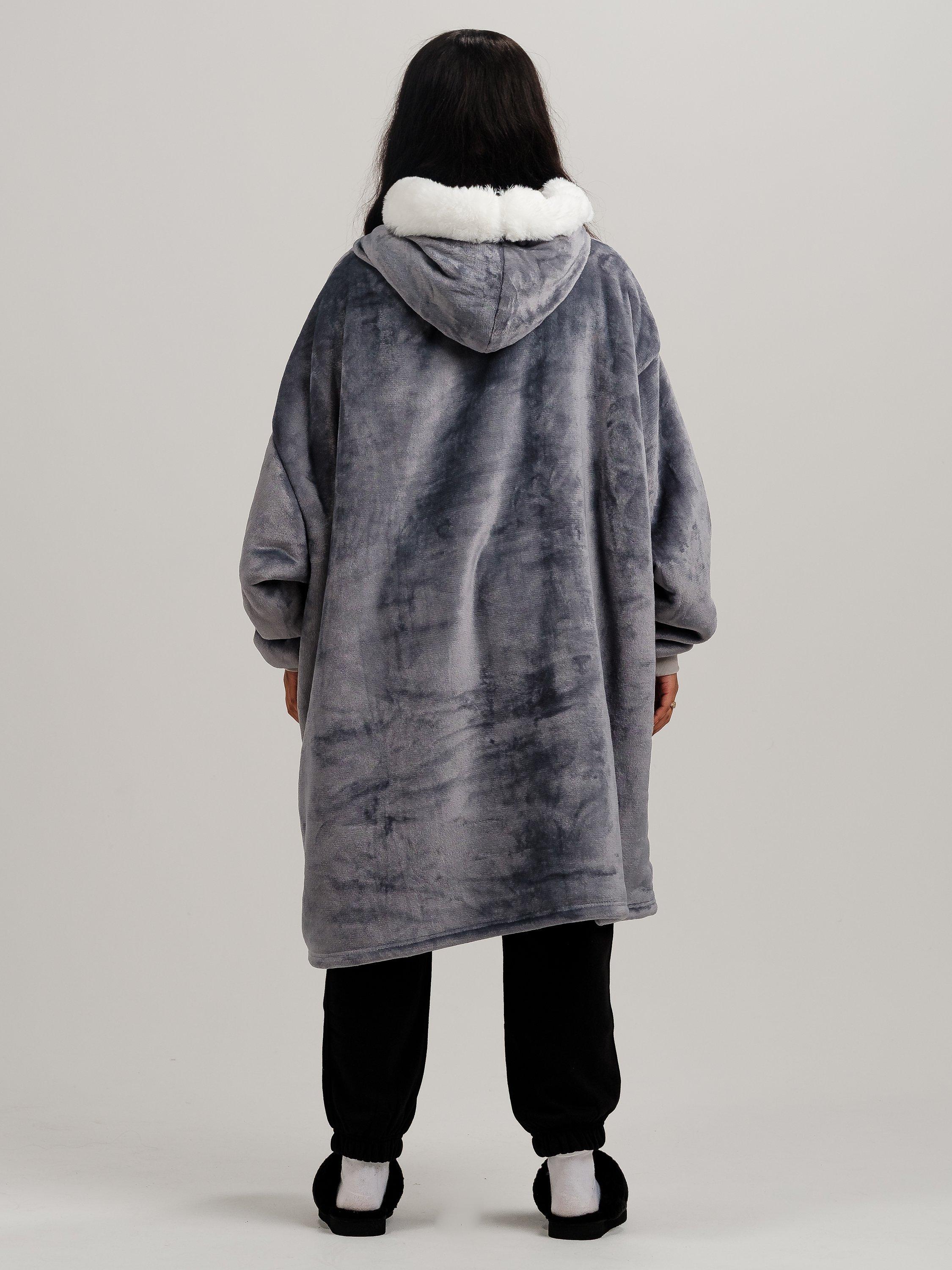 Product image 8 of 11, which shows Ony Unisex Faux Fur Collar Sherpa Lined Fleece Hoodie Blanket, Grey/White, One Size
