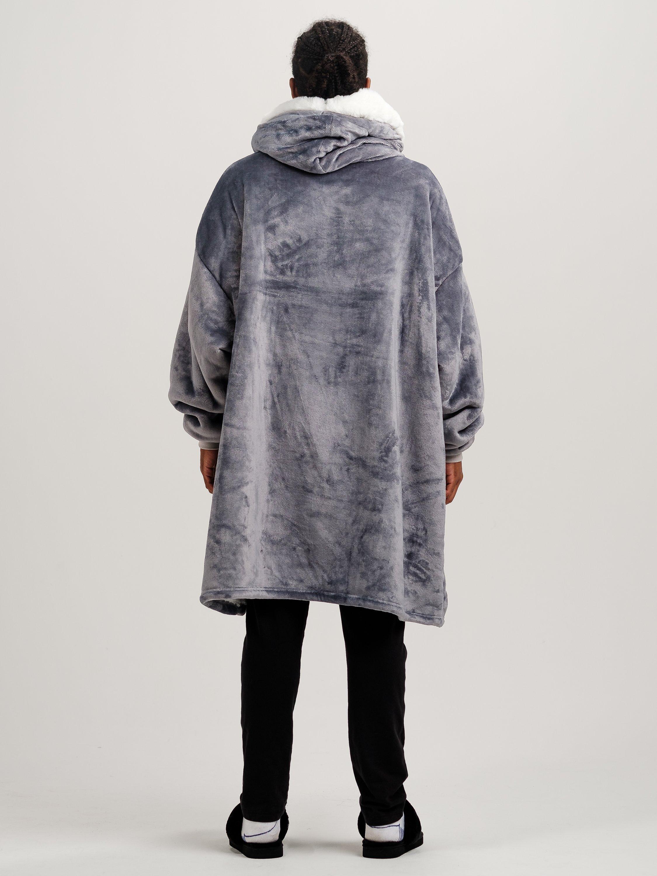 Product image 9 of 11, which shows Ony Unisex Faux Fur Collar Sherpa Lined Fleece Hoodie Blanket, Grey/White, One Size