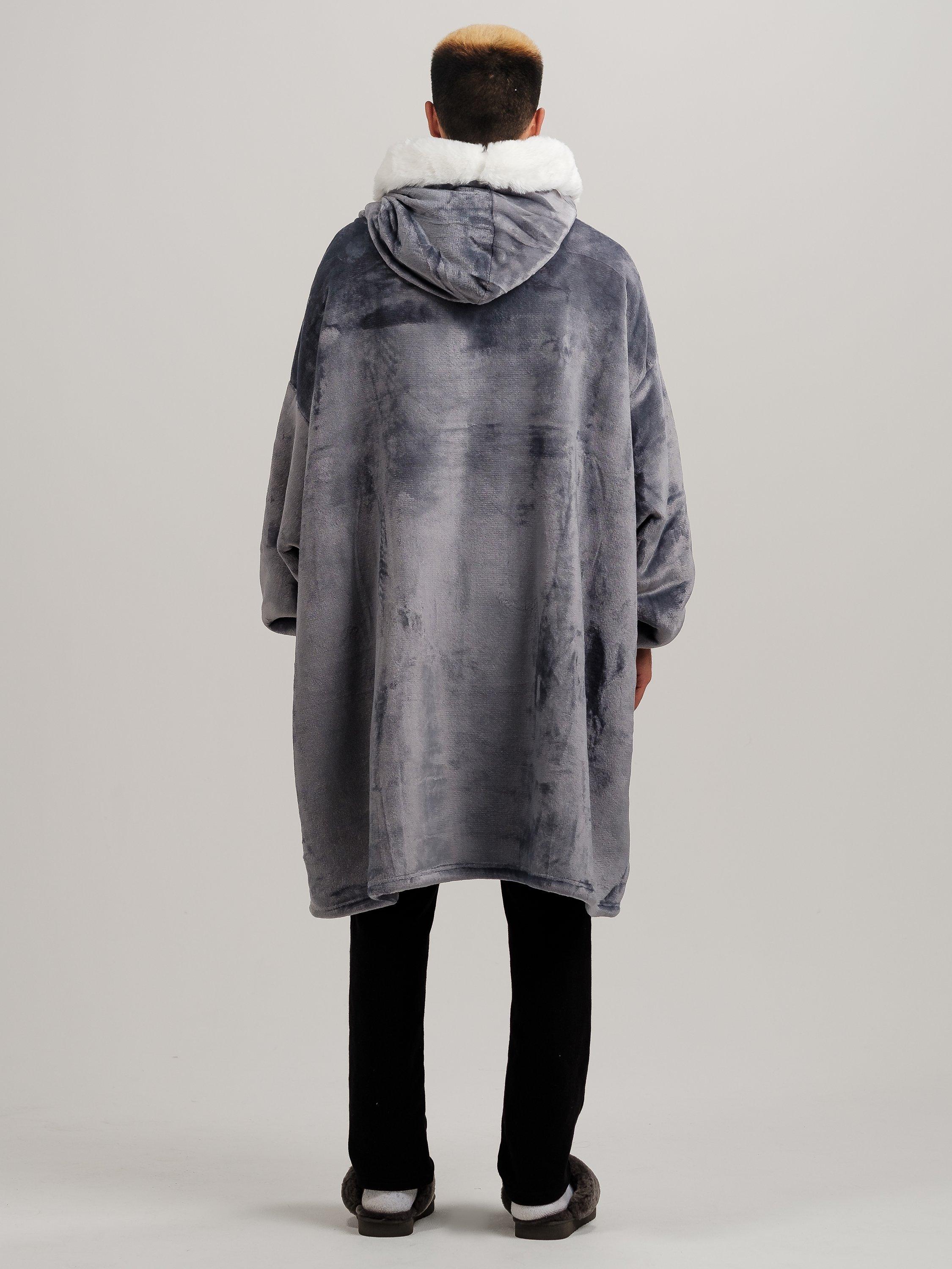 Product image 10 of 11, which shows Ony Unisex Faux Fur Collar Sherpa Lined Fleece Hoodie Blanket, Grey/White, One Size