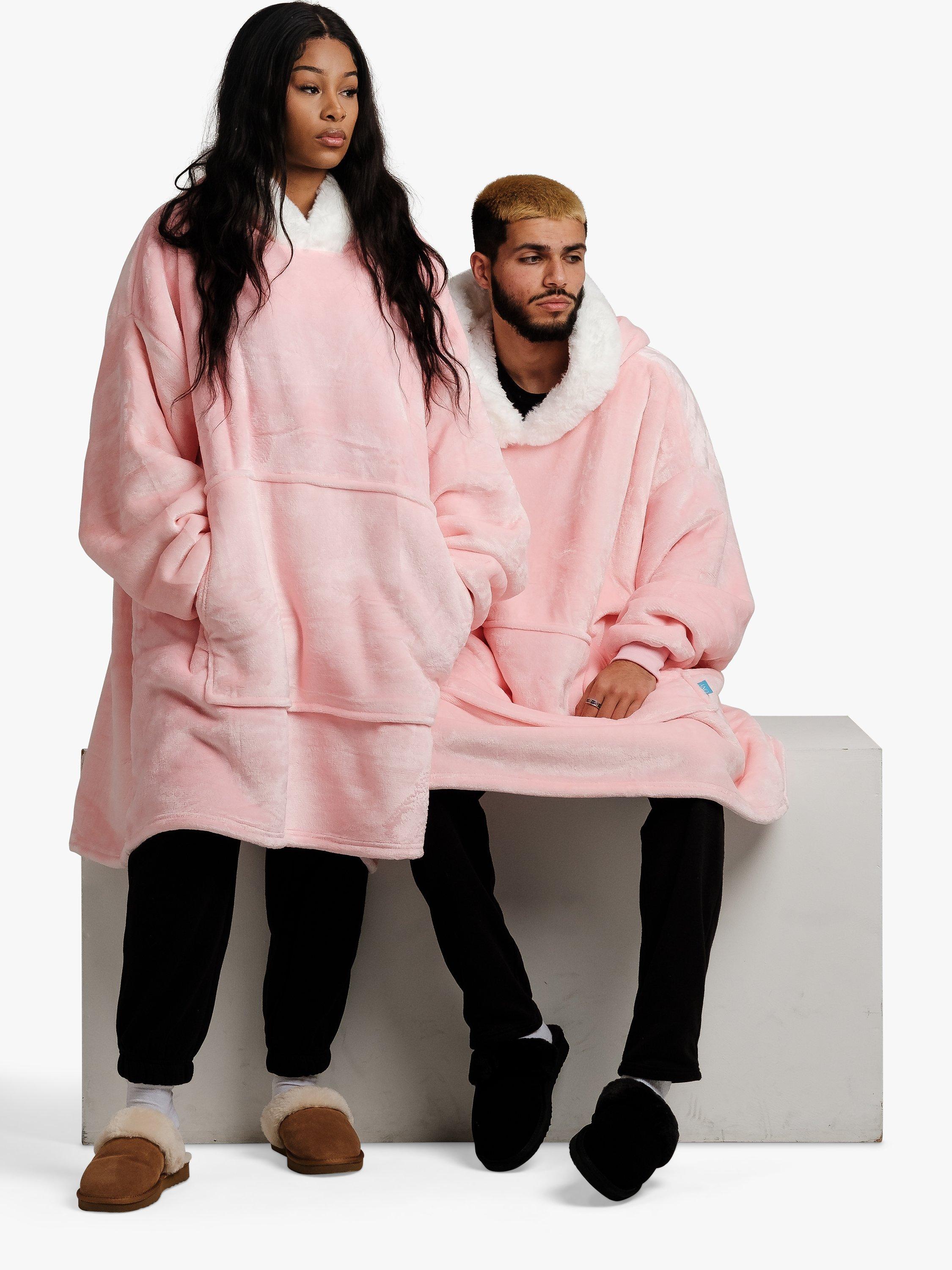 Ony Unisex Faux Fur Collar Sherpa Lined Fleece Hoodie Blanket Pink White One Size