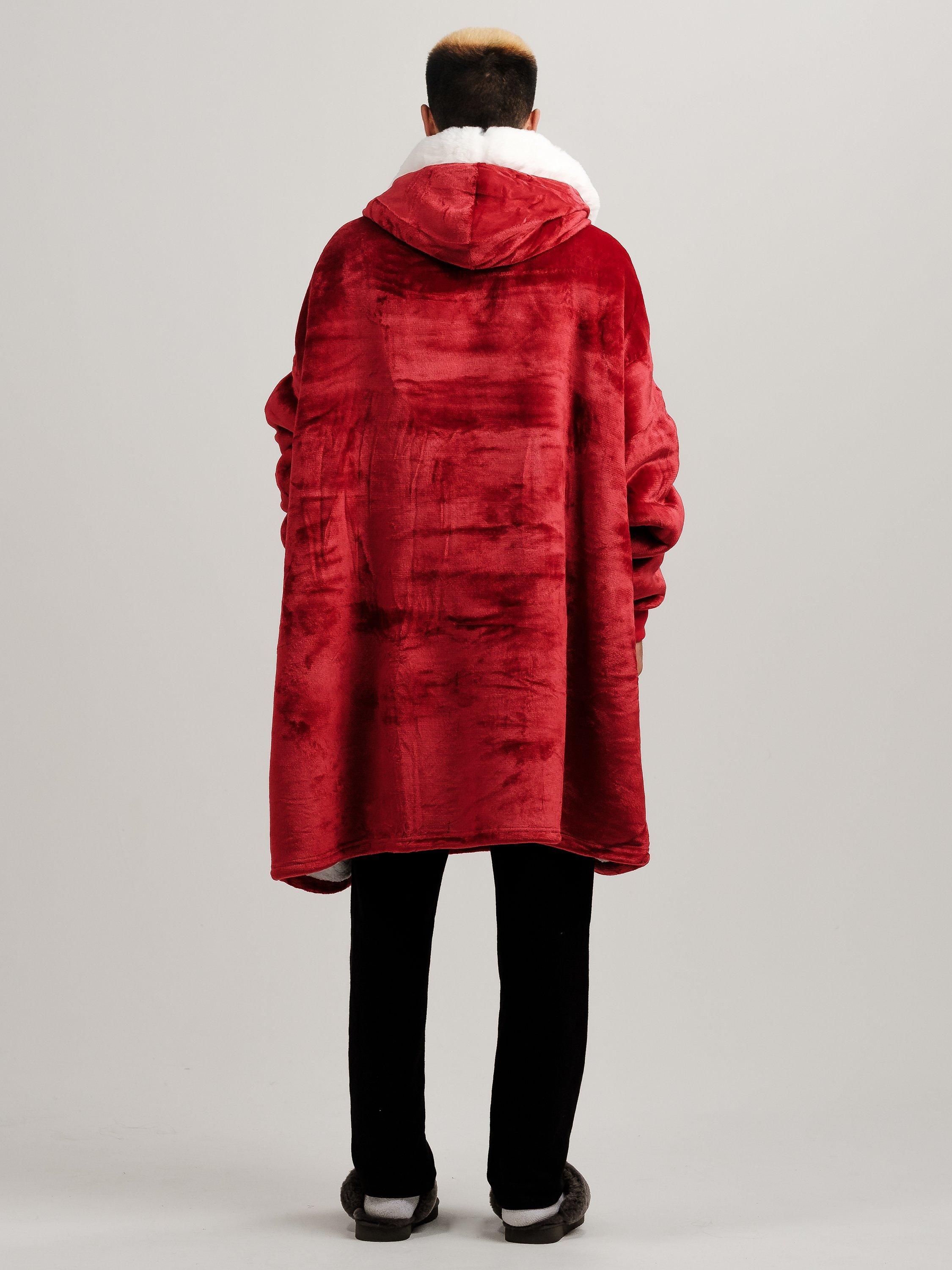 Product image 10 of 10, which shows Ony Unisex Faux Fur Collar Sherpa Lined Fleece Hoodie Blanket, Red/White, One Size