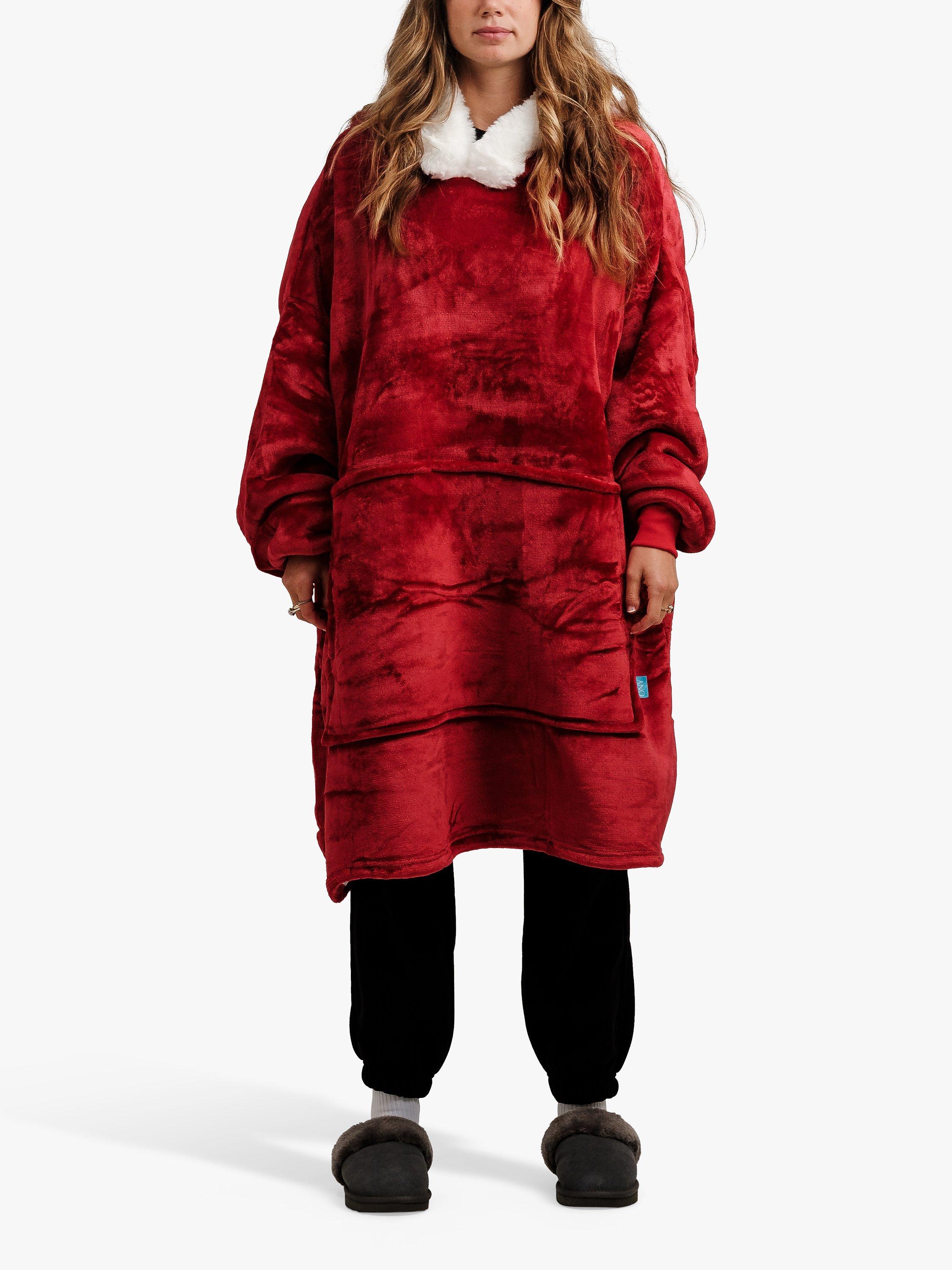 Product image 3 of 10, which shows Ony Unisex Faux Fur Collar Sherpa Lined Fleece Hoodie Blanket, Red/White, One Size