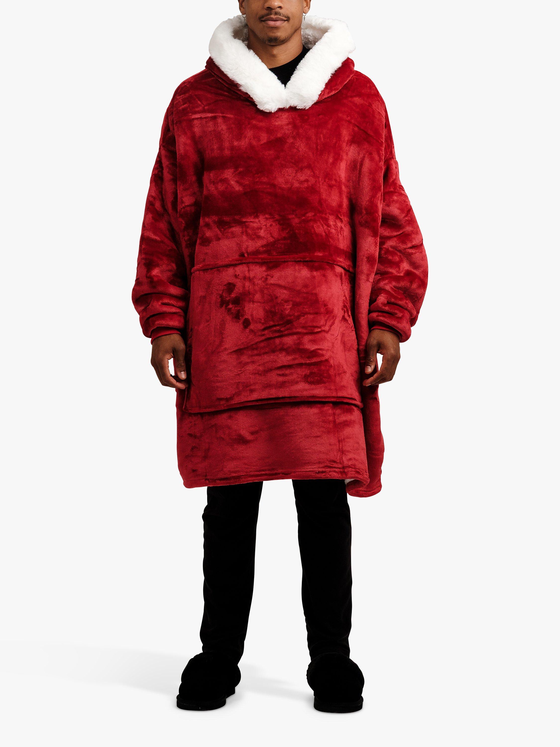 Product image 4 of 10, which shows Ony Unisex Faux Fur Collar Sherpa Lined Fleece Hoodie Blanket, Red/White, One Size