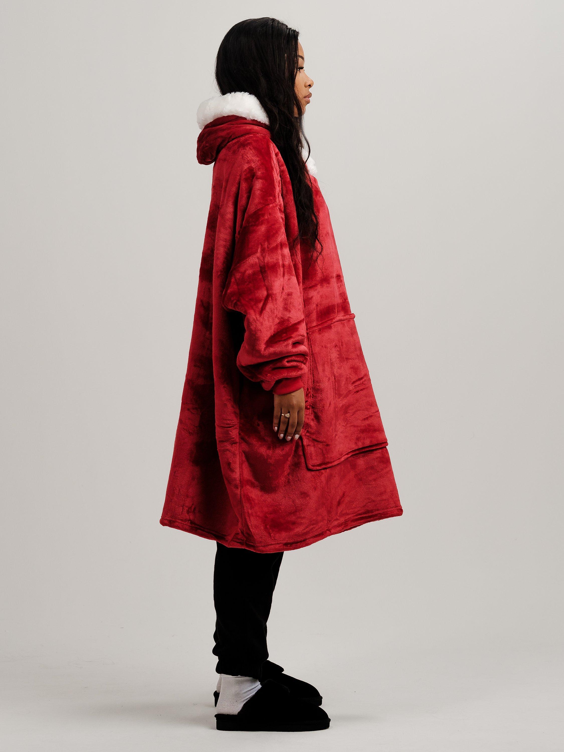 Product image 6 of 10, which shows Ony Unisex Faux Fur Collar Sherpa Lined Fleece Hoodie Blanket, Red/White, One Size