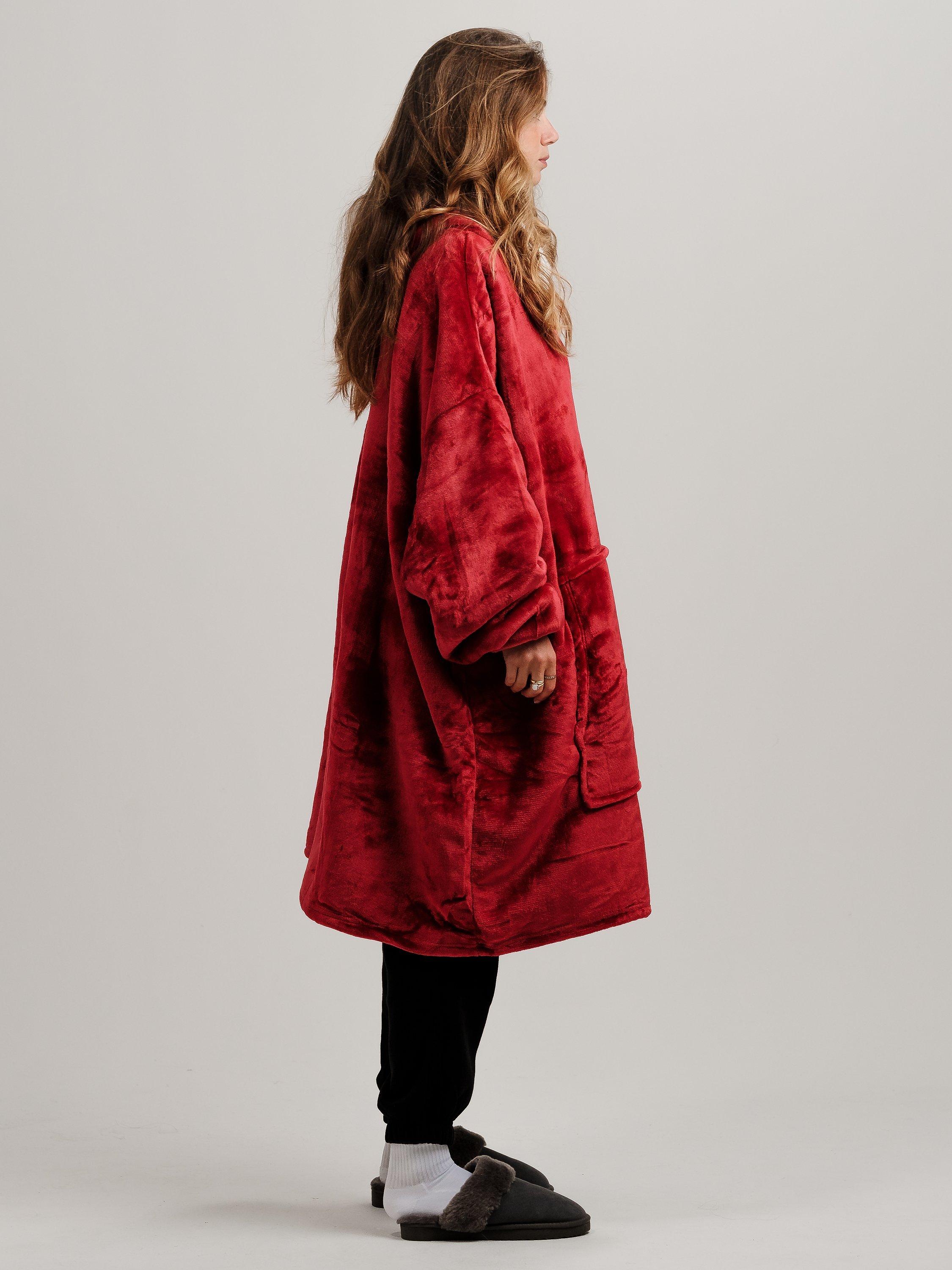 Product image 7 of 10, which shows Ony Unisex Faux Fur Collar Sherpa Lined Fleece Hoodie Blanket, Red/White, One Size