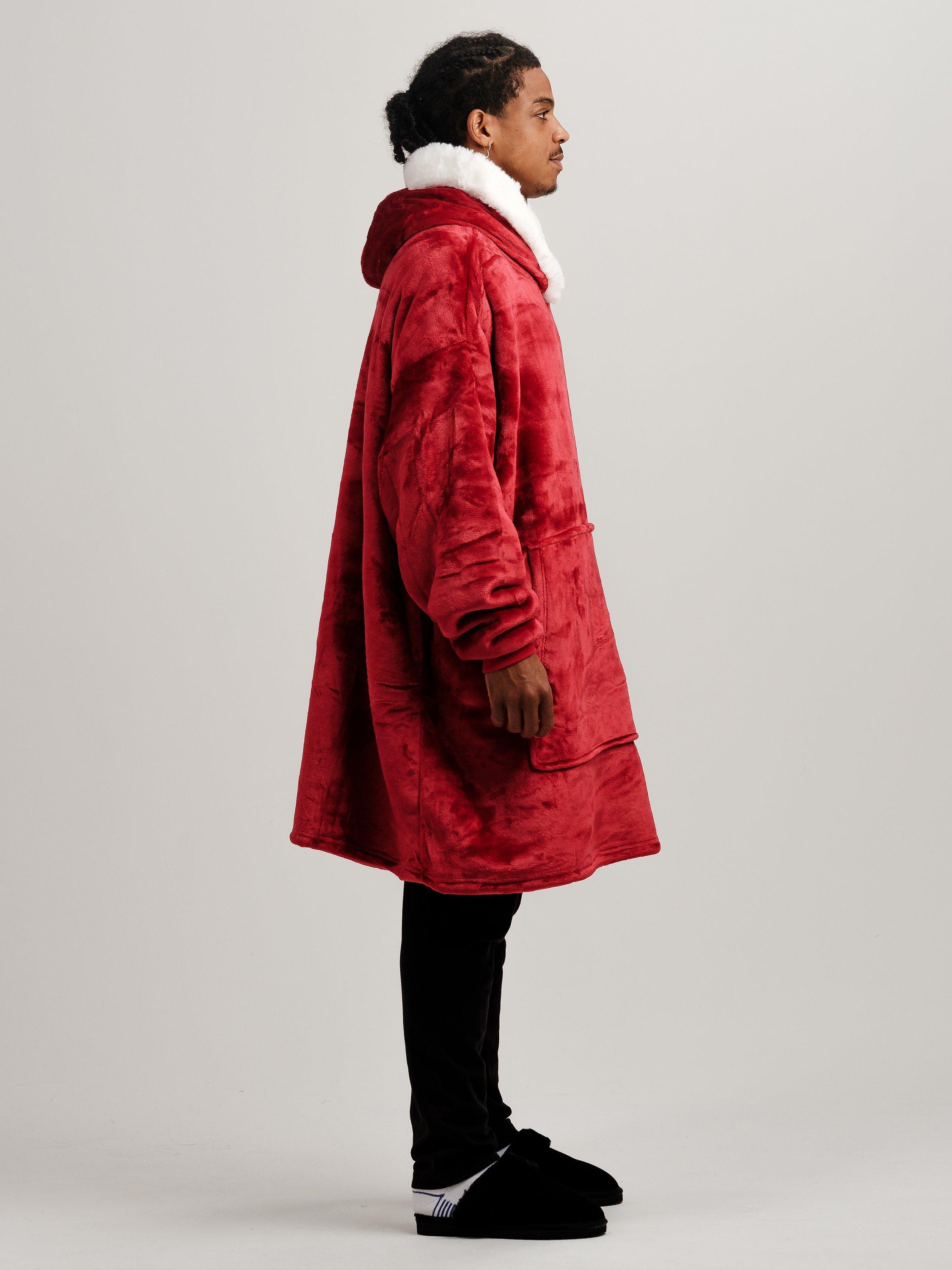 Product image 8 of 10, which shows Ony Unisex Faux Fur Collar Sherpa Lined Fleece Hoodie Blanket, Red/White, One Size