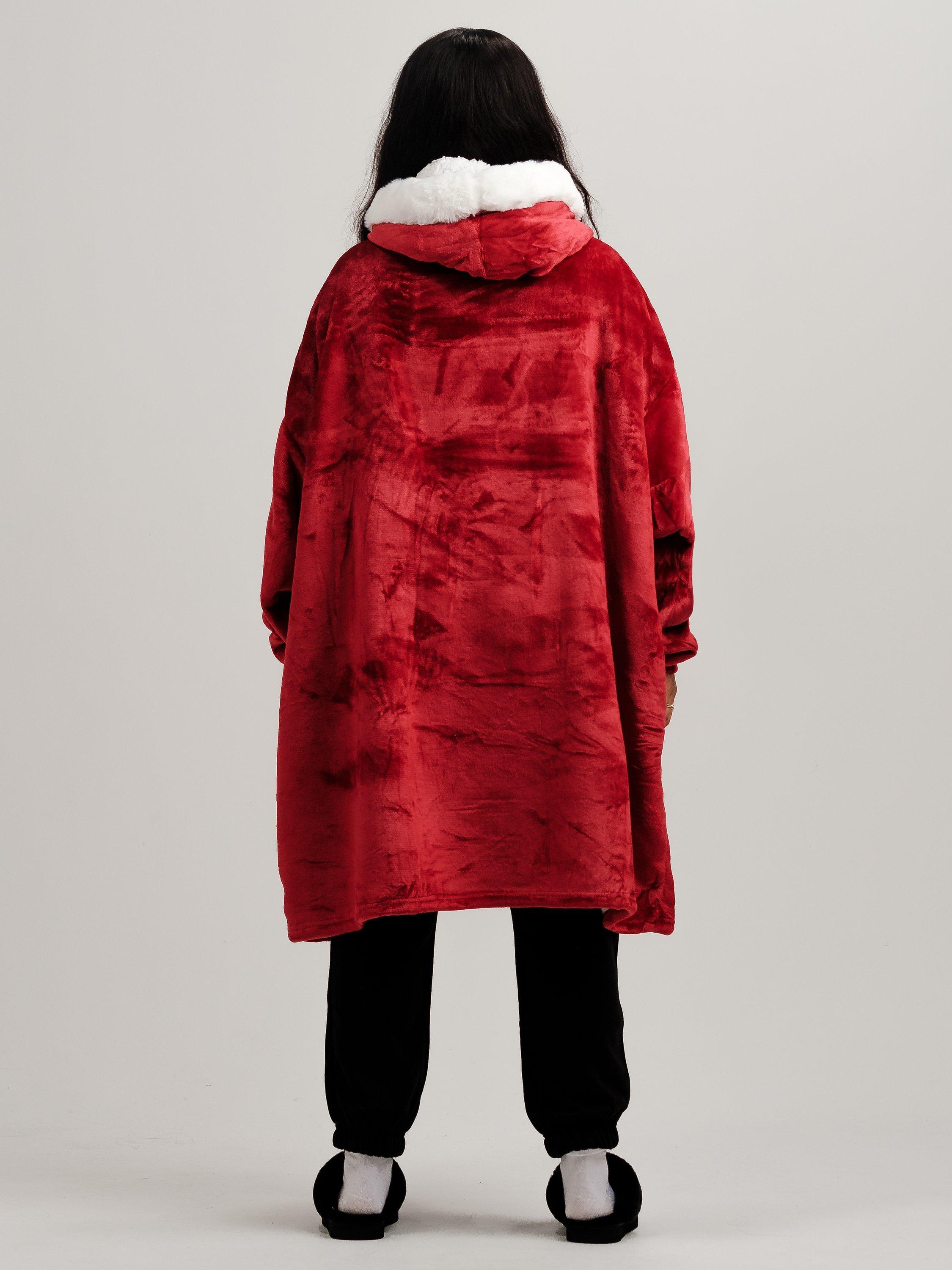Product image 9 of 10, which shows Ony Unisex Faux Fur Collar Sherpa Lined Fleece Hoodie Blanket, Red/White, One Size