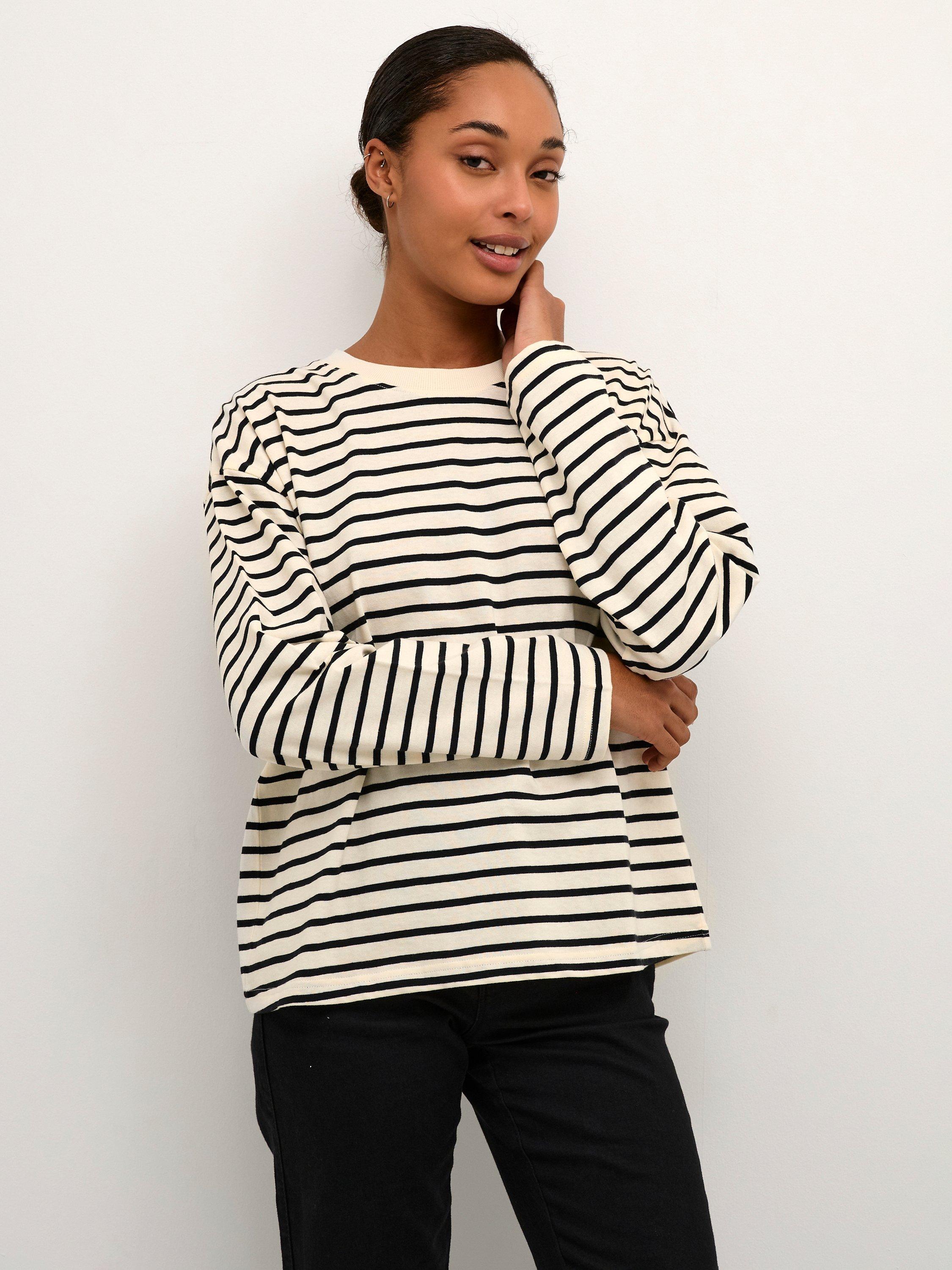KAFFE Winny Stripe Jersey Top, Antique White/Black