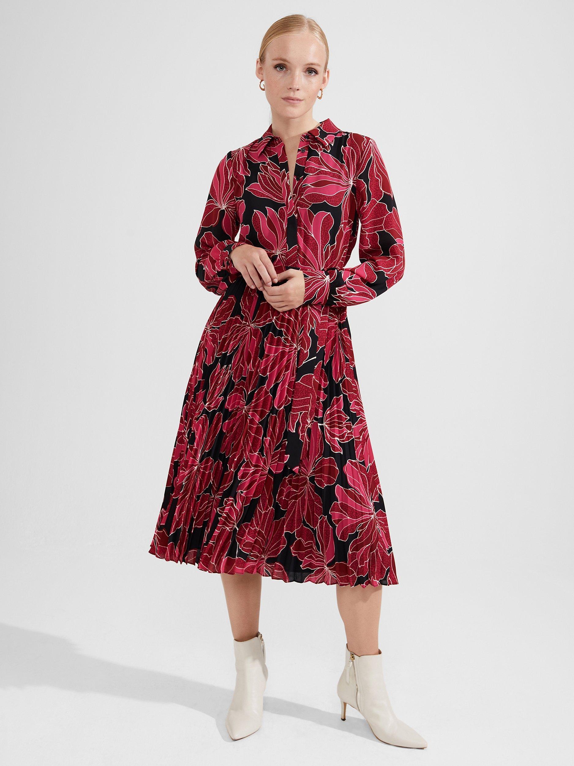Product image 1 of 7, which shows Hobbs Laurenza Pleated Dress, Black/Pink, 10