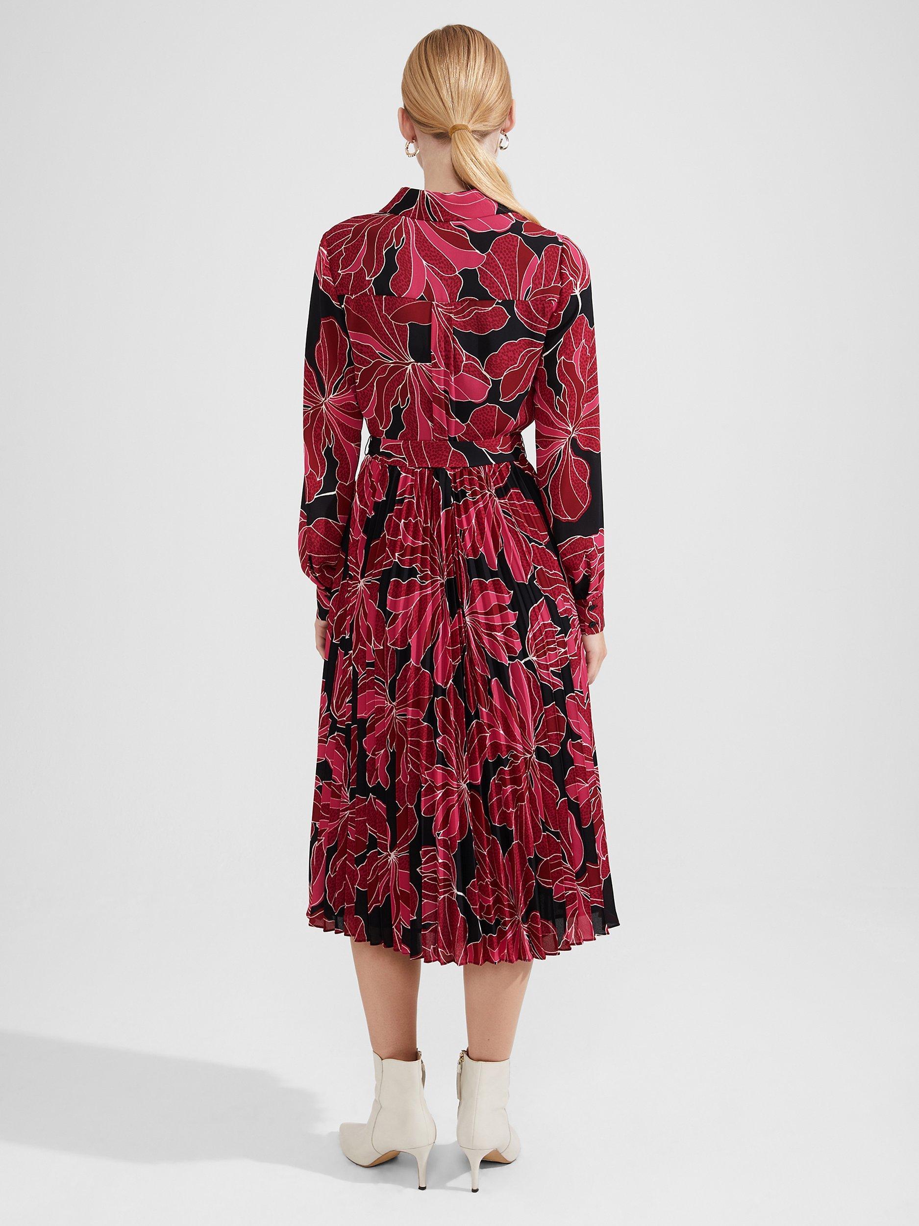 Product image 2 of 7, which shows Hobbs Laurenza Pleated Dress, Black/Pink, 10
