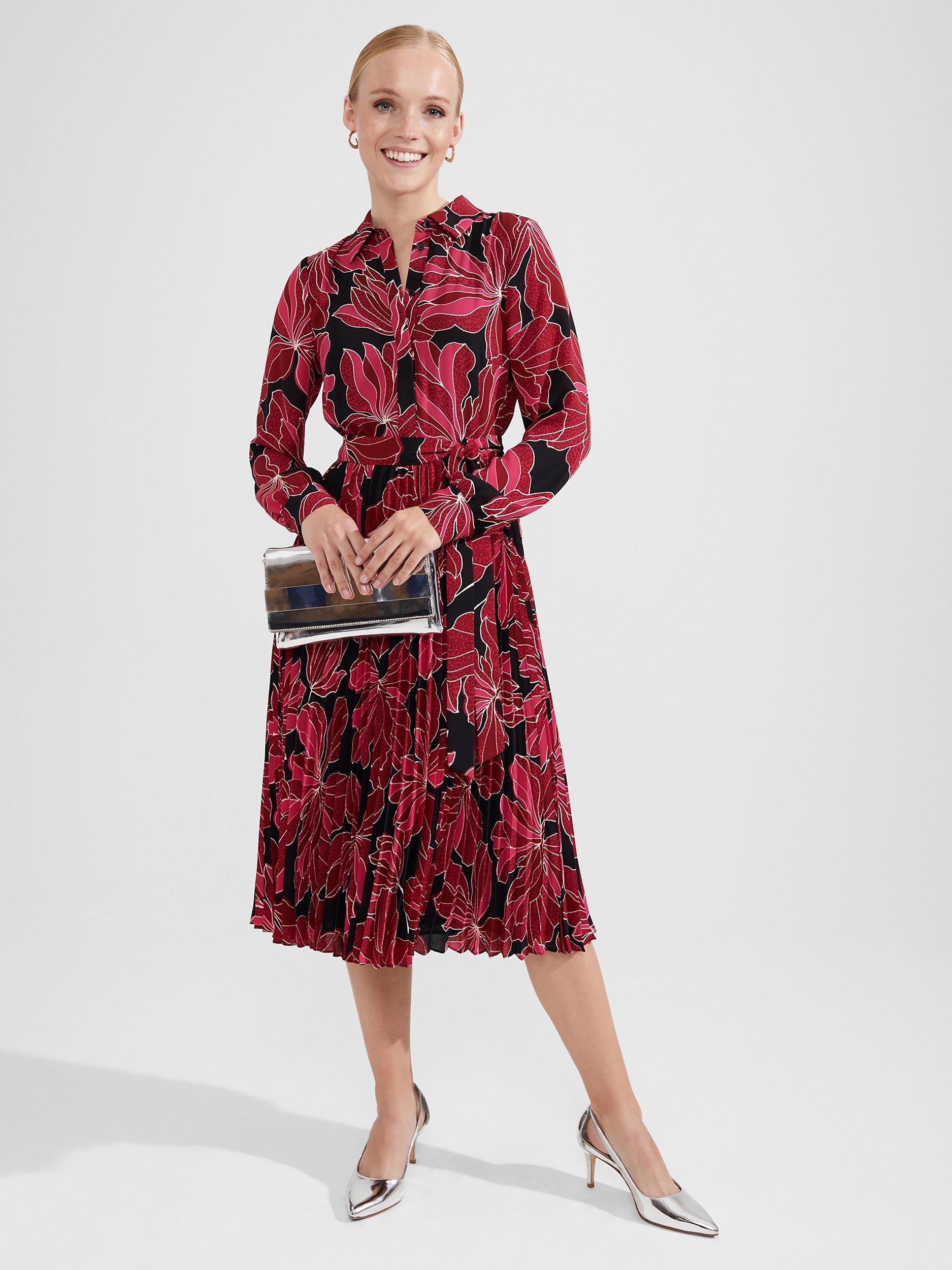 Product image 3 of 7, which shows Hobbs Laurenza Pleated Dress, Black/Pink, 10