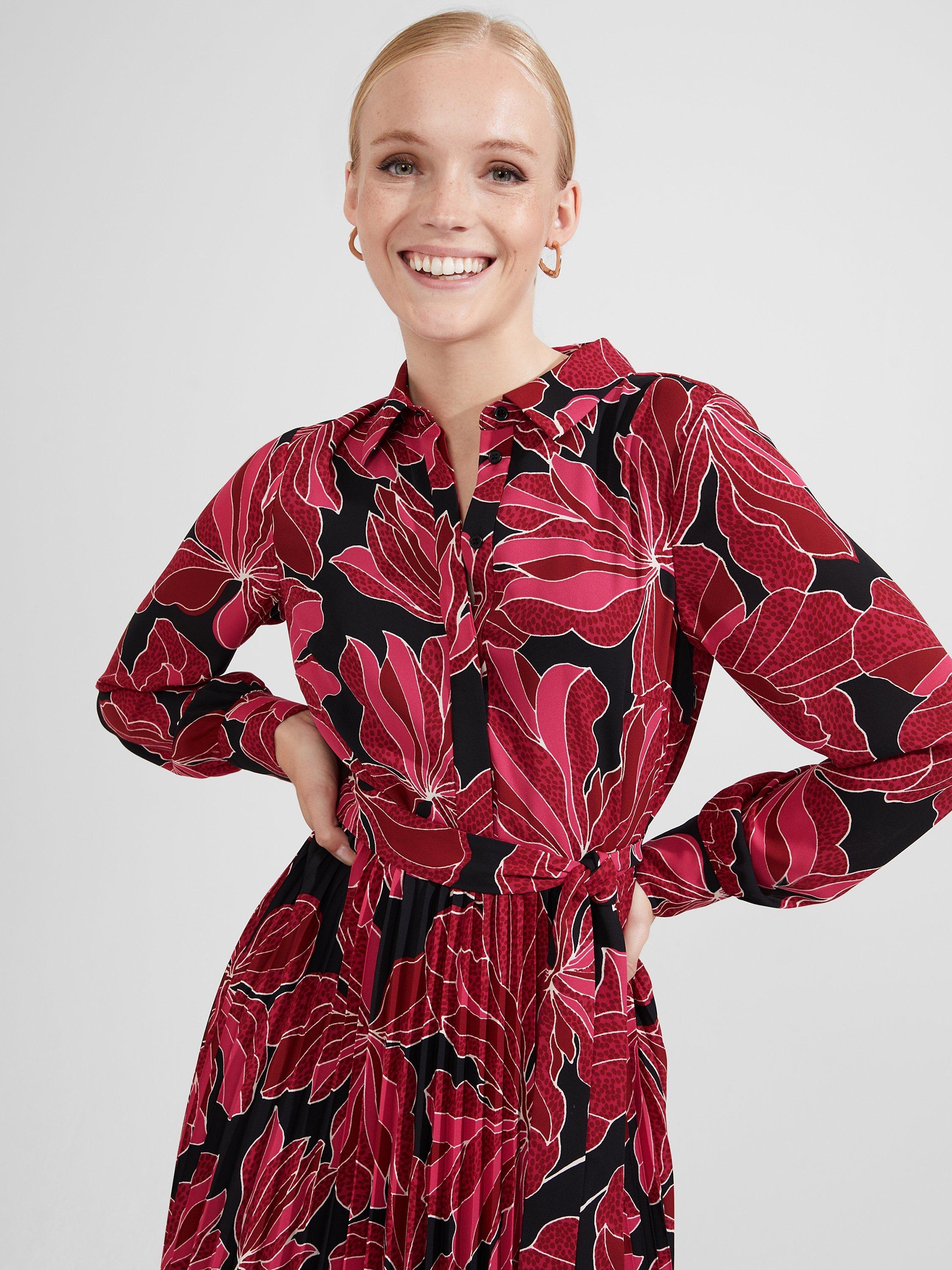 Product image 5 of 7, which shows Hobbs Laurenza Pleated Dress, Black/Pink, 10