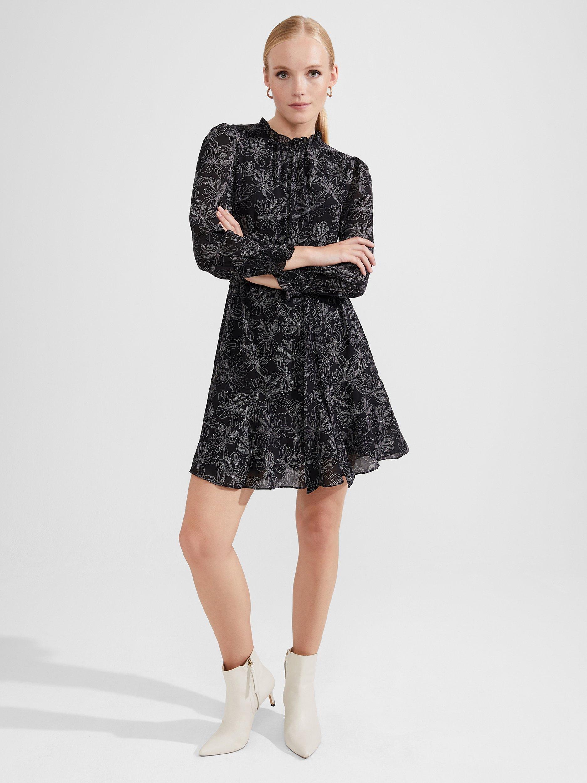 Product image 1 of 6, which shows Hobbs Natalie Long Sleeve Mini Dress, Black/Ivory, 10