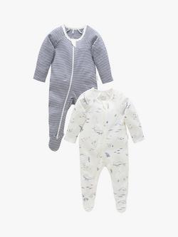 Purebaby Baby Organic Cotton Whale Stripe Zip Sleepsuit, Pack of 2, Vanilla/Nautical, Vanilla/Nautical