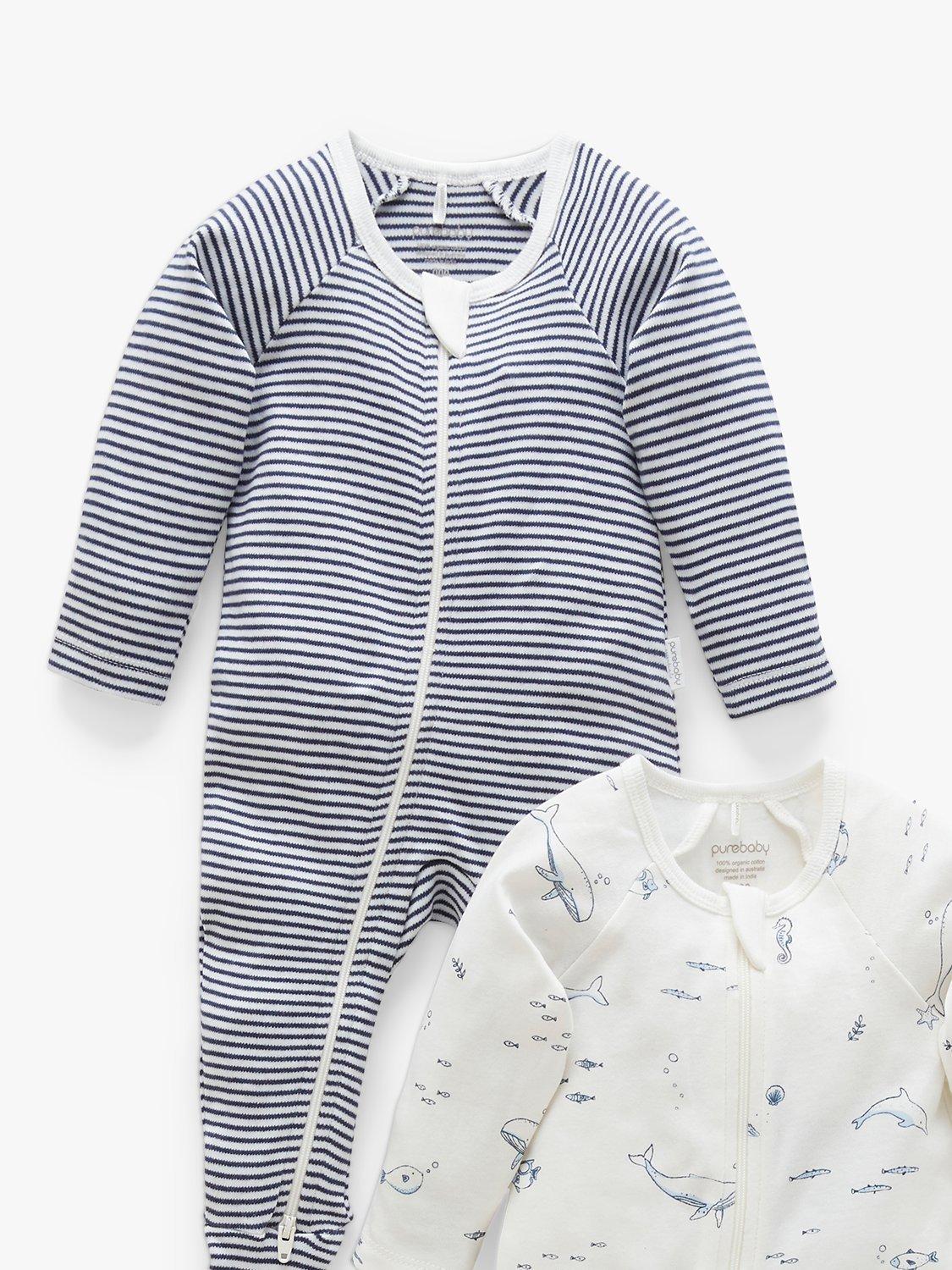Product image 3 of 5, which shows Purebaby Baby Organic Cotton Whale Stripe Zip Sleepsuit, Pack of 2, Vanilla/Nautical, Newborn