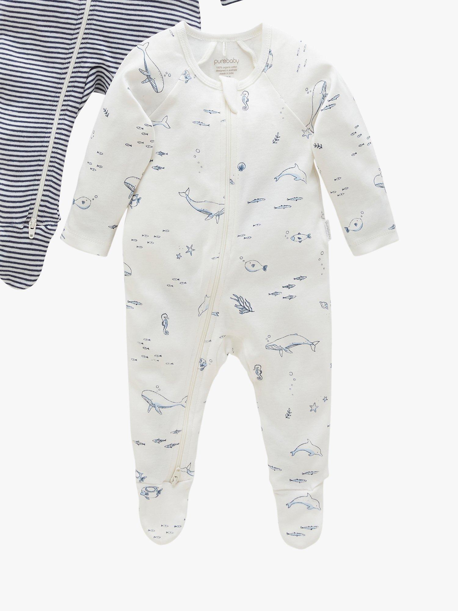 Product image 4 of 5, which shows Purebaby Baby Organic Cotton Whale Stripe Zip Sleepsuit, Pack of 2, Vanilla/Nautical, Newborn