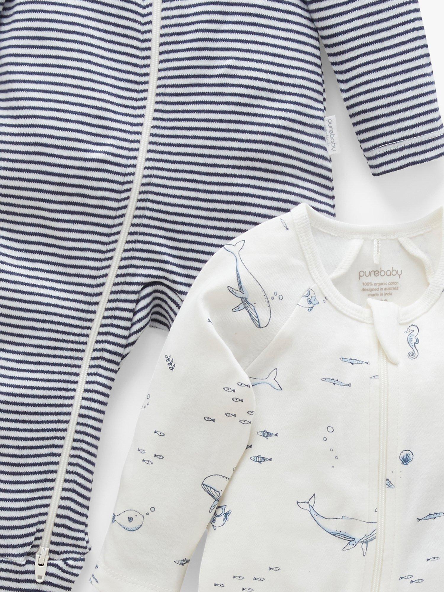 Product image 5 of 5, which shows Purebaby Baby Organic Cotton Whale Stripe Zip Sleepsuit, Pack of 2, Vanilla/Nautical, Newborn