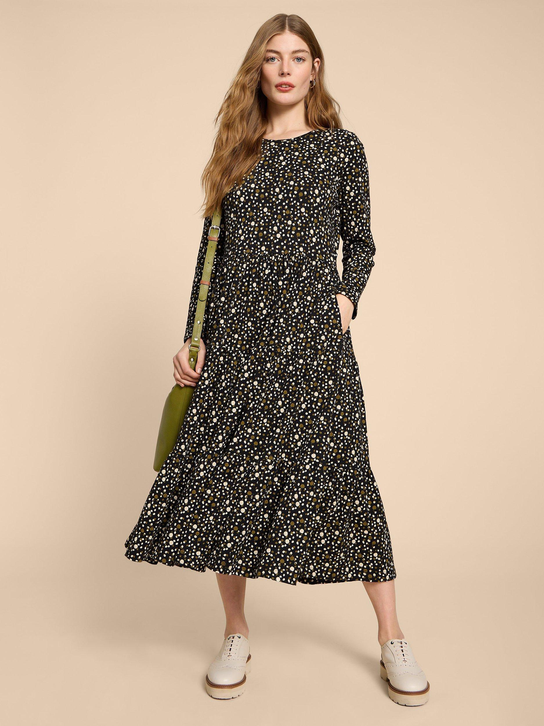 White Stuff Jersey Tiered Midi Dress, Black/Multi