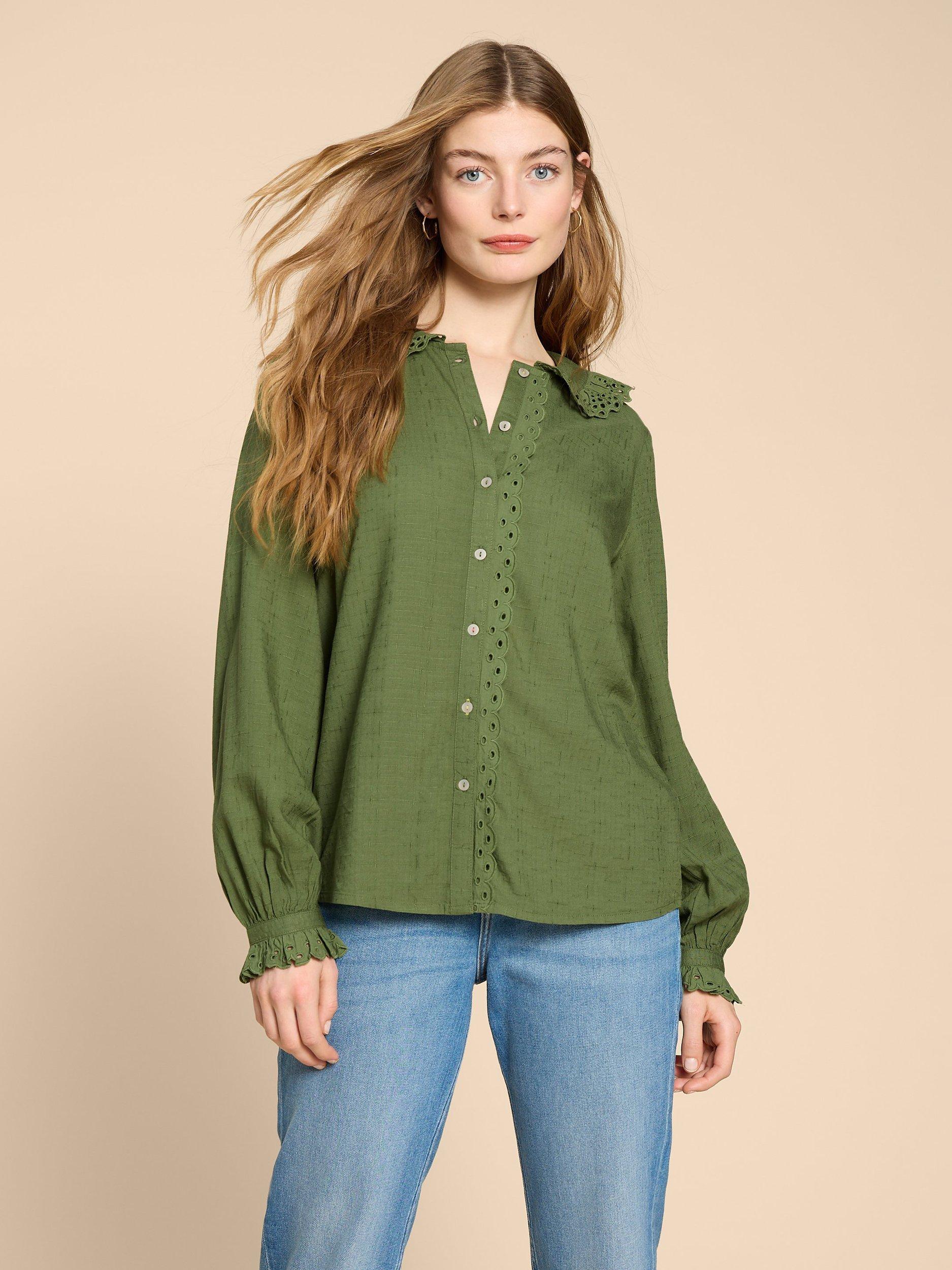 White Stuff Lara Broderie Shirt, Mid Green