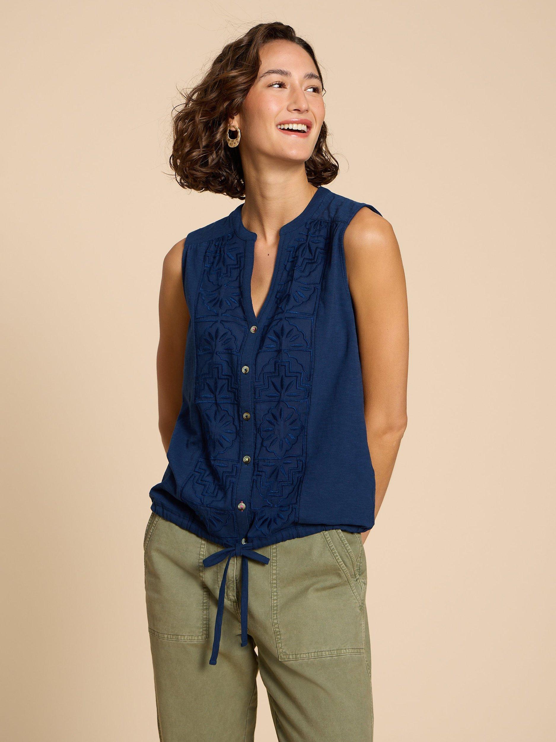 Product image 1 of 7, which shows White Stuff Tulip Jersey Sleeveless Shirt, Navy, 6