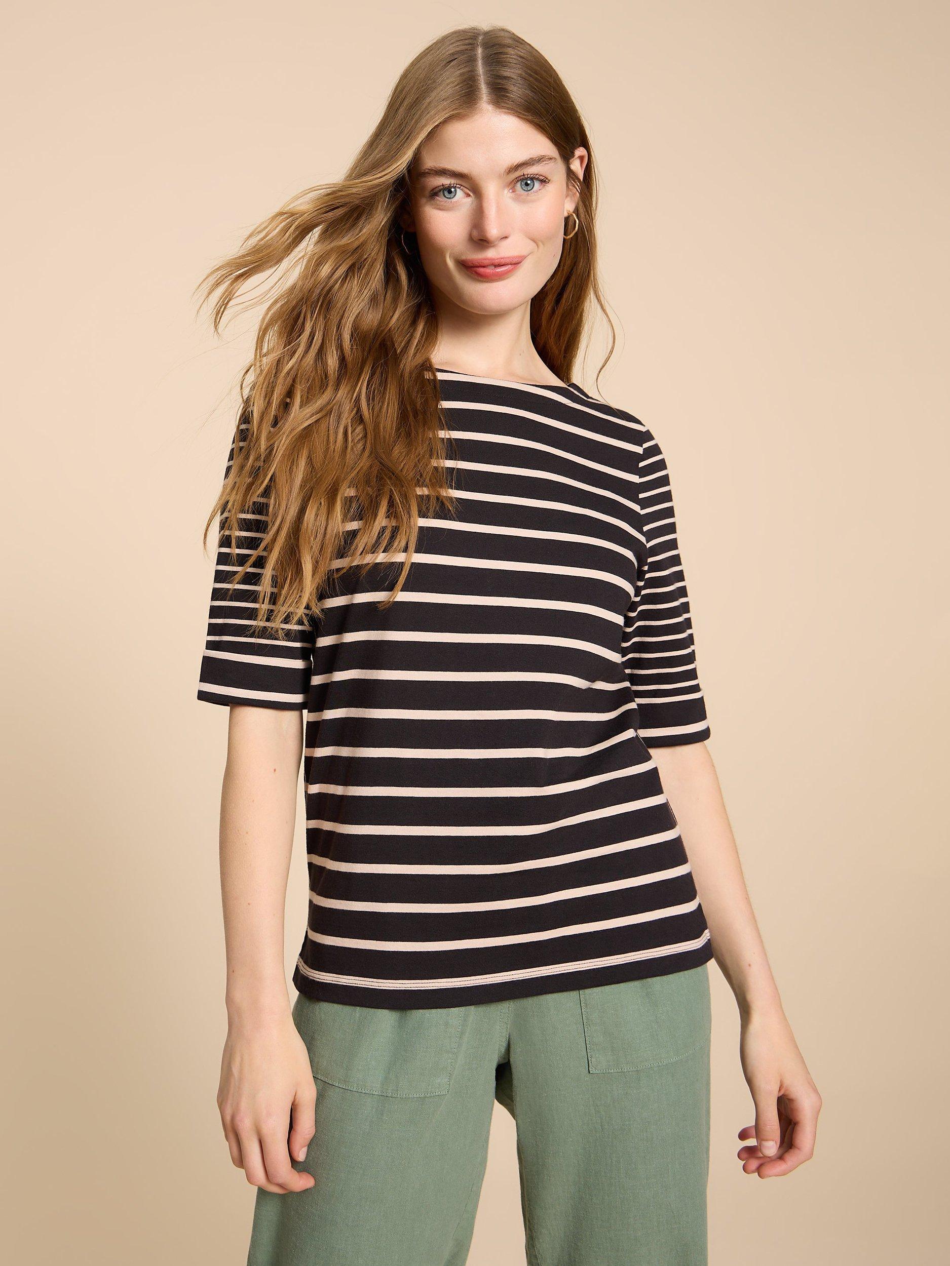 White Stuff Sydney Boat Neck Stripe T-Shirt, Black/Multi