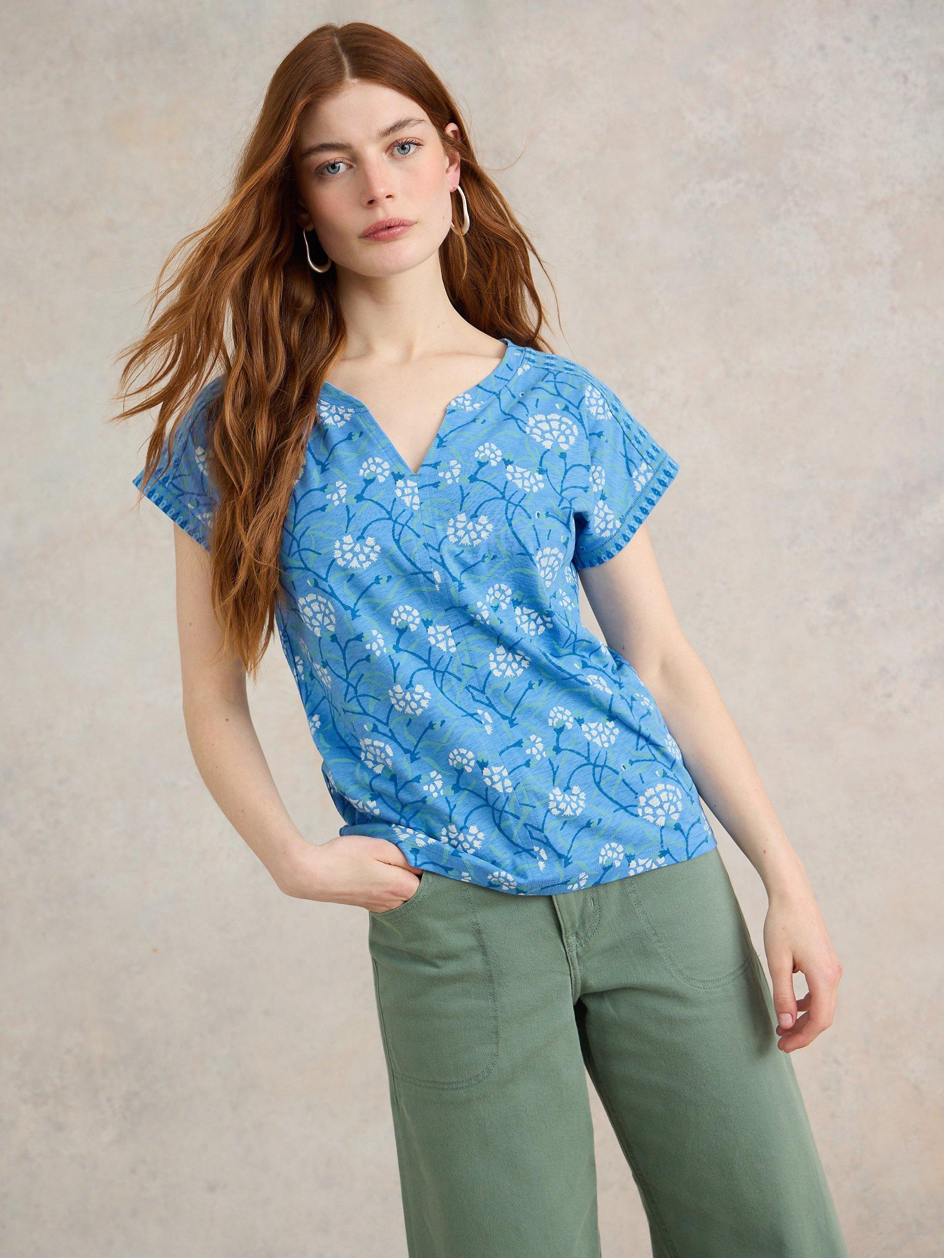 Product image 1 of 7, which shows White Stuff Nelly Notch Neck T-Shirt, Blue, 6