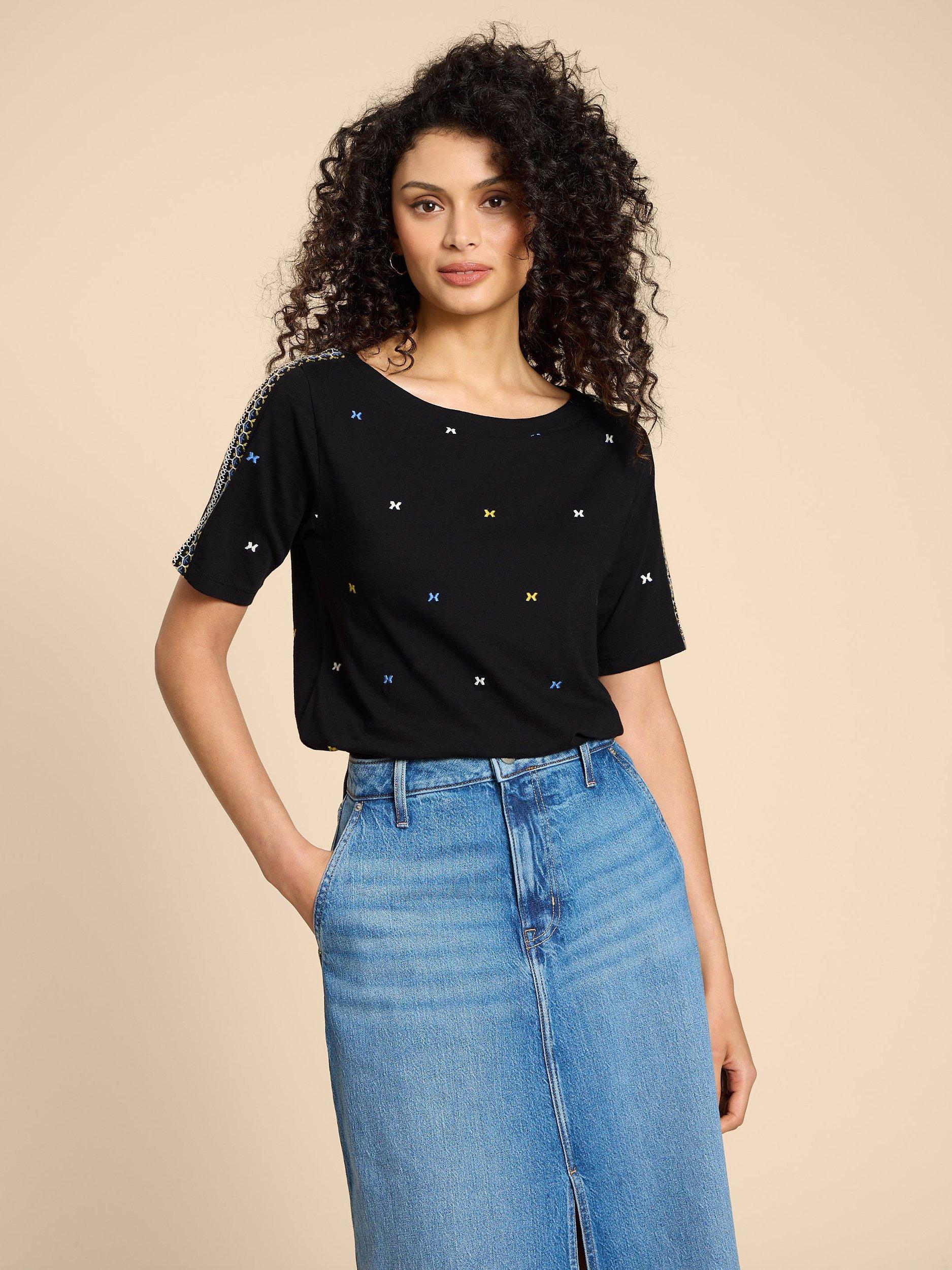 White Stuff Winnie Embroidered Top, Black/Multi