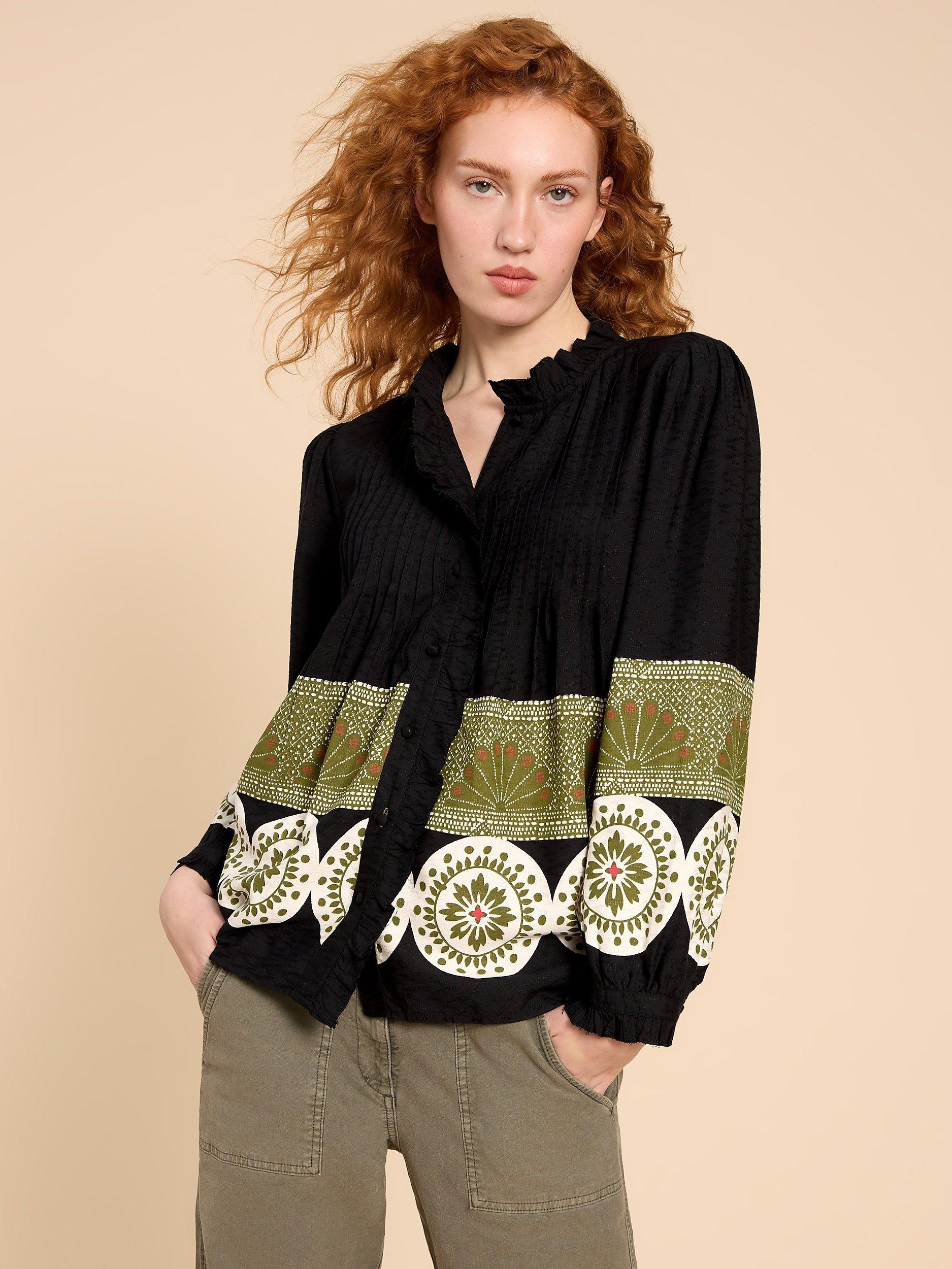 White Stuff Fia Frill Neck Placement Print Shirt, Black/Multi
