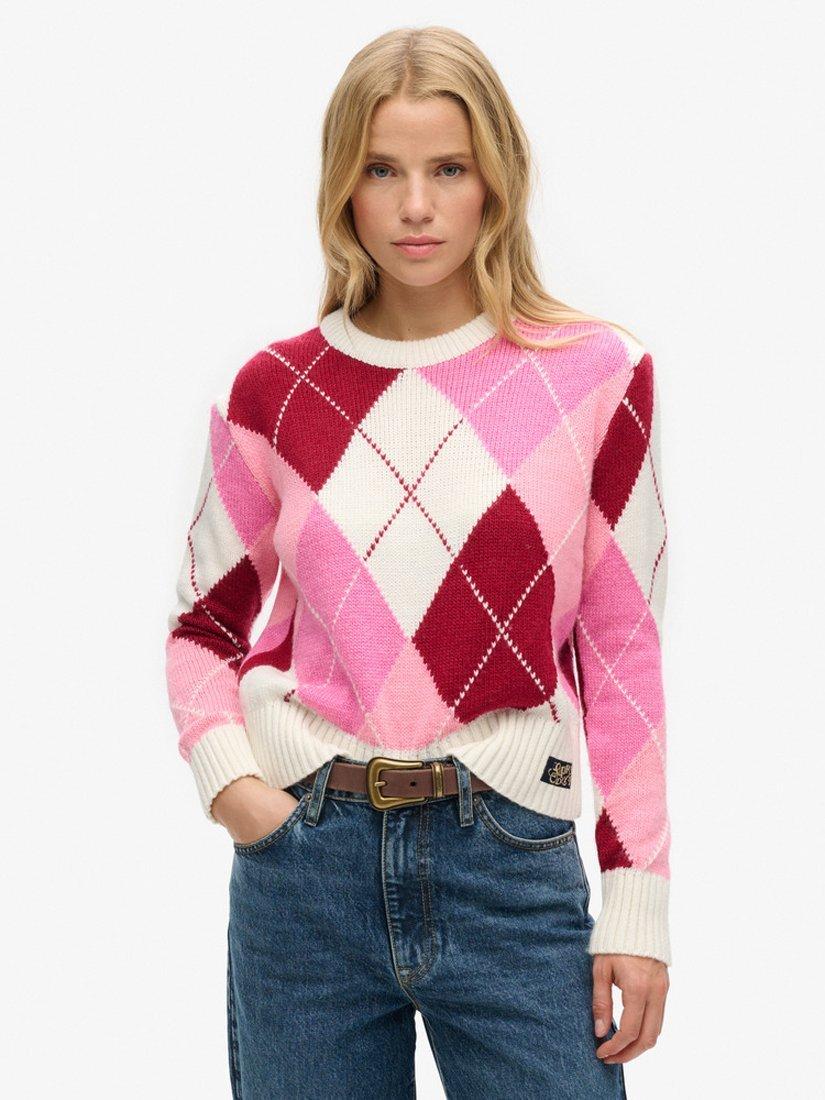 Superdry Jacquard Pattern Crew Jumper, Pink/Argyle