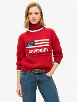 Superdry Americana Roll Neck Jumper, Risk Red/Multi