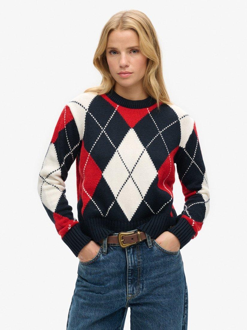 Superdry Jacquard Pattern Crew Jumper, Red/Argyle