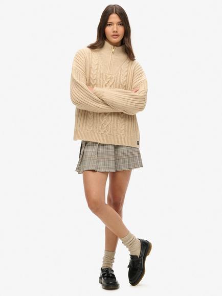 Superdry Low Rise Check Pleated Mini Skirt, Neutral Tweed - view 2, Neutral Tweed