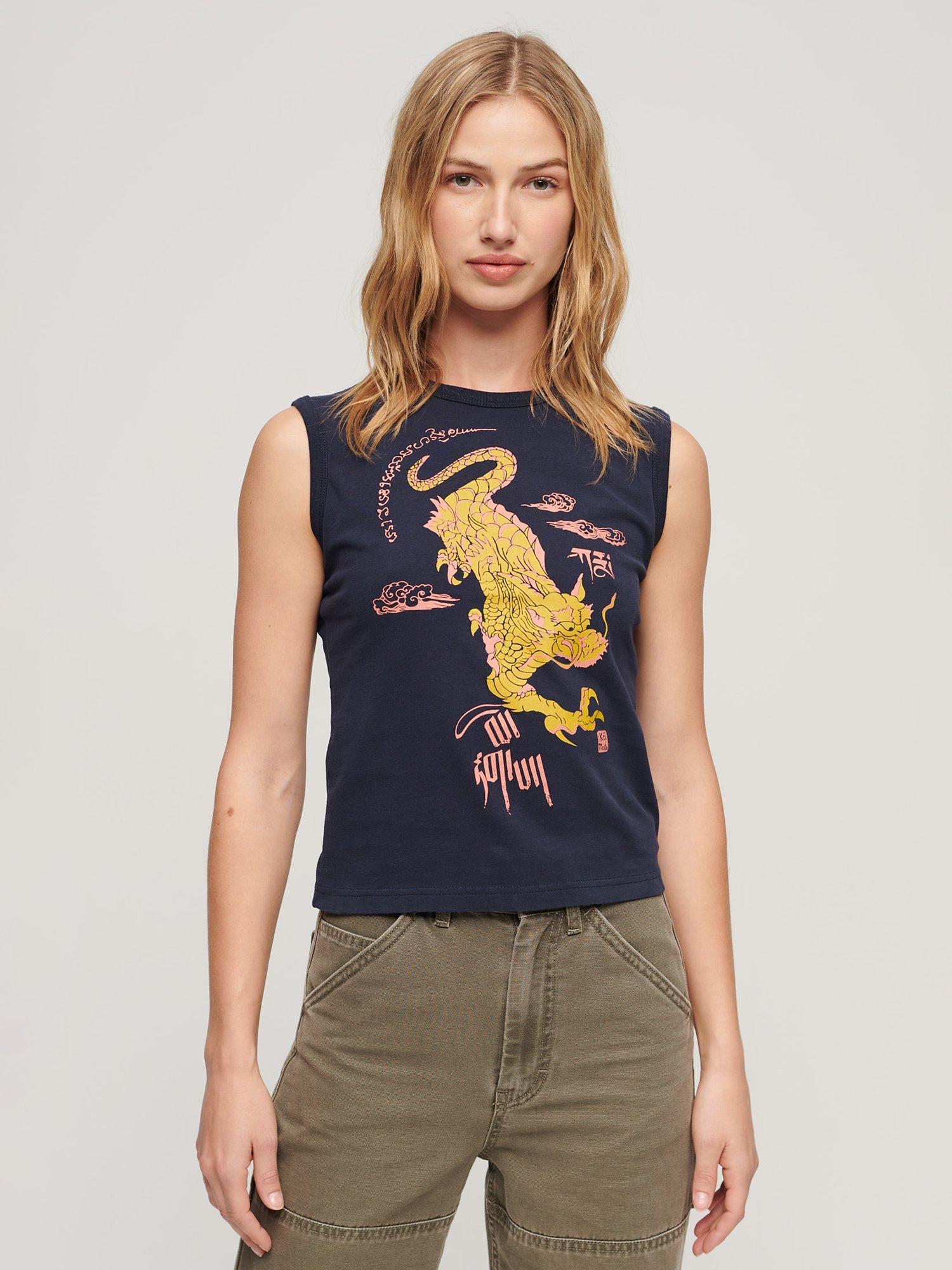 Superdry Kailash Dragon Slim Vest Top, Navy/Multi