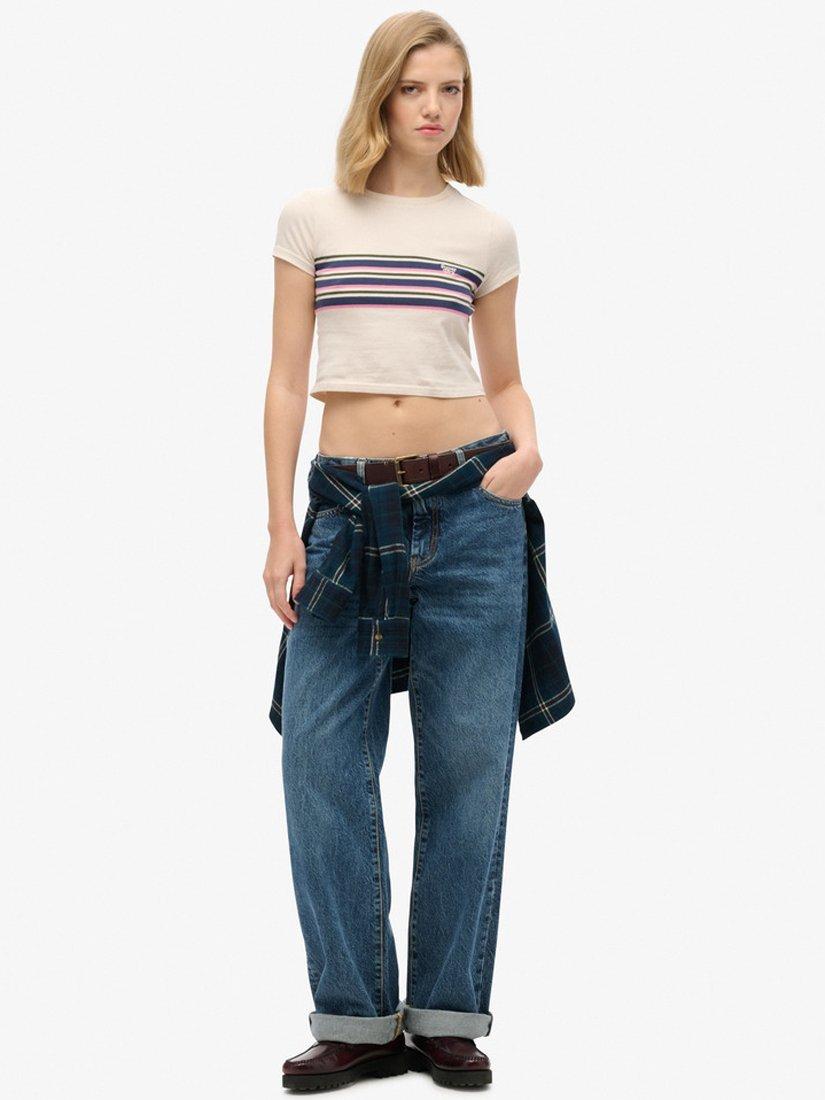 Product image 3 of 5, which shows Superdry Vintage Stripe Cropped T-Shirt, Oatmeal/Multi, 6
