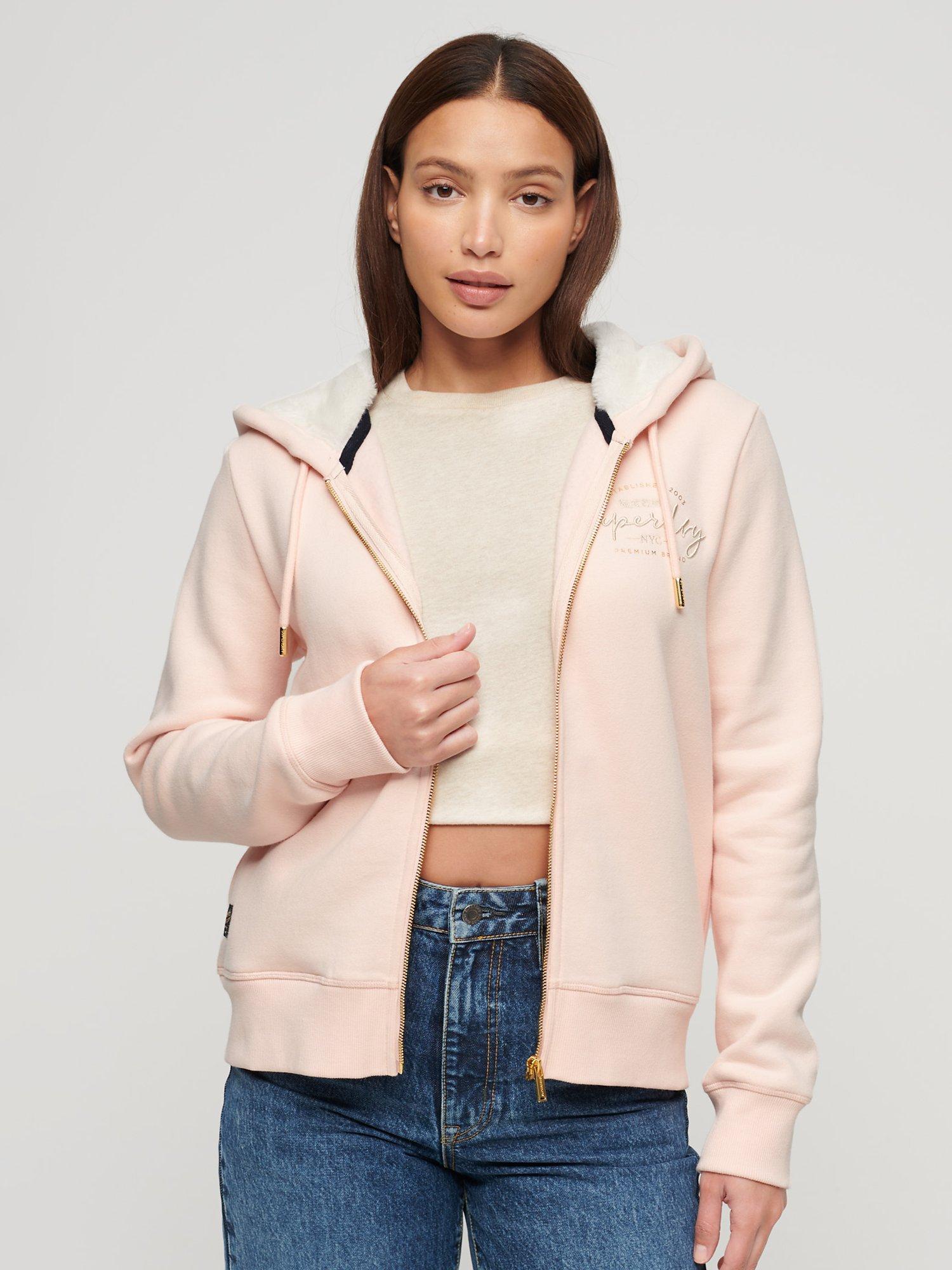 Superdry Luxe Metallic Logo Zip Up Hoodie, Bright Blush