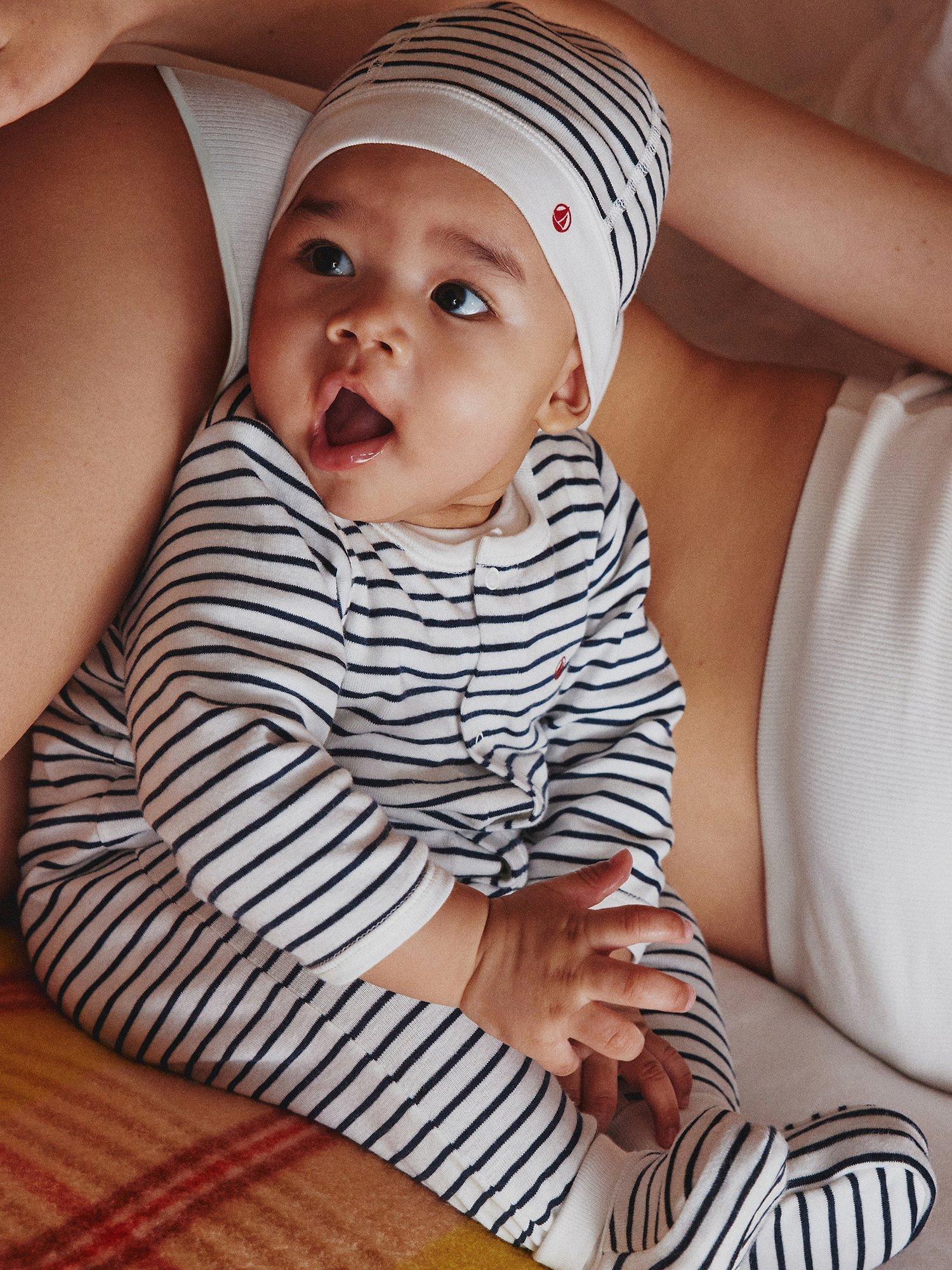 Product image 1 of 6, which shows Petit Bateau Baby Breton Stripe Sleepsuit, Marshmallow/Smoke, 9 months