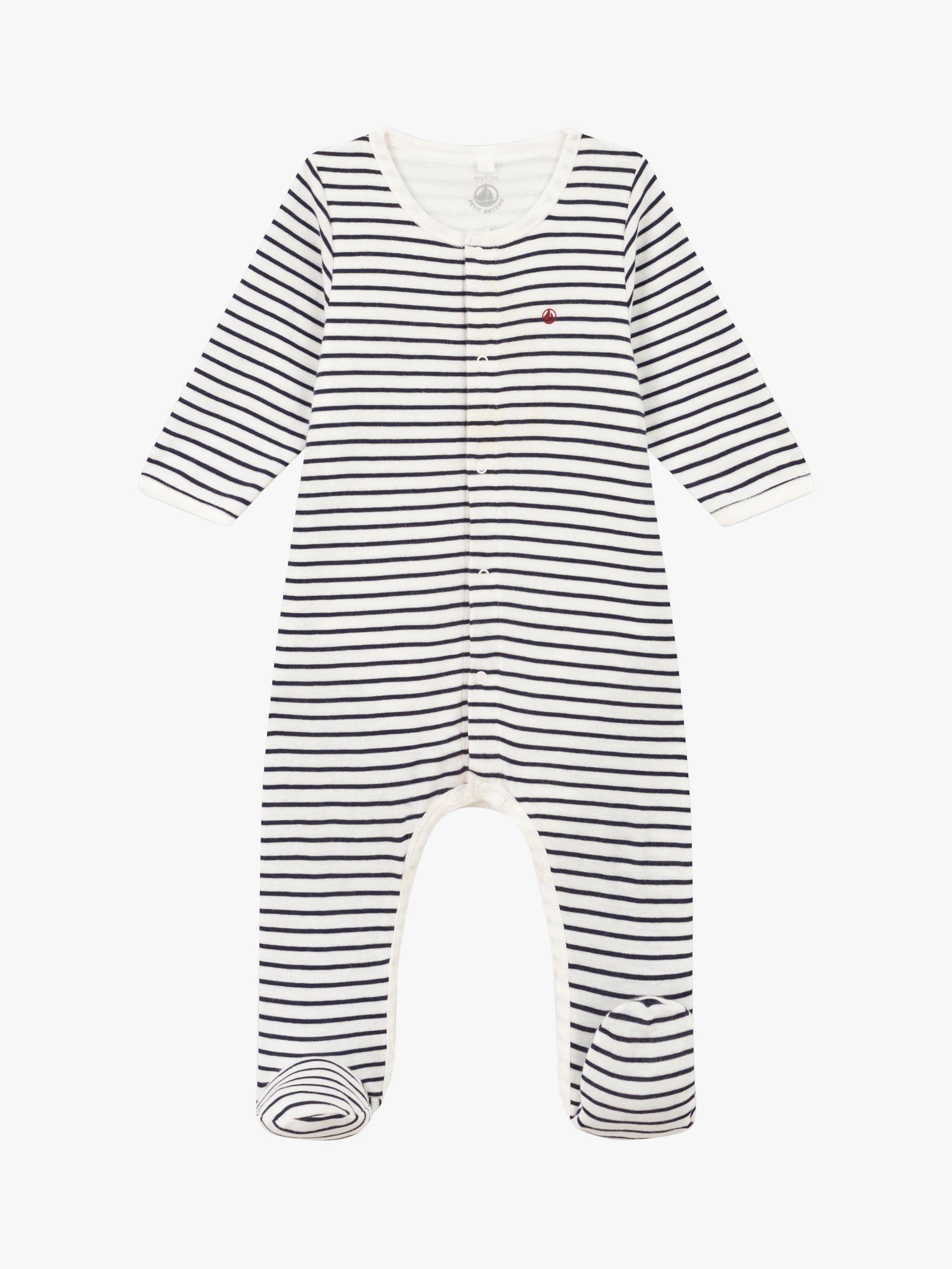 Product image 2 of 6, which shows Petit Bateau Baby Breton Stripe Sleepsuit, Marshmallow/Smoke, 9 months