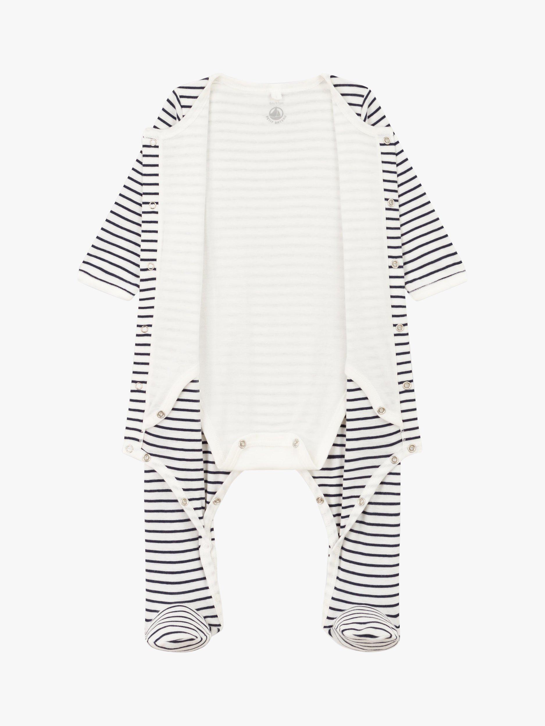 Product image 5 of 6, which shows Petit Bateau Baby Breton Stripe Sleepsuit, Marshmallow/Smoke, 9 months