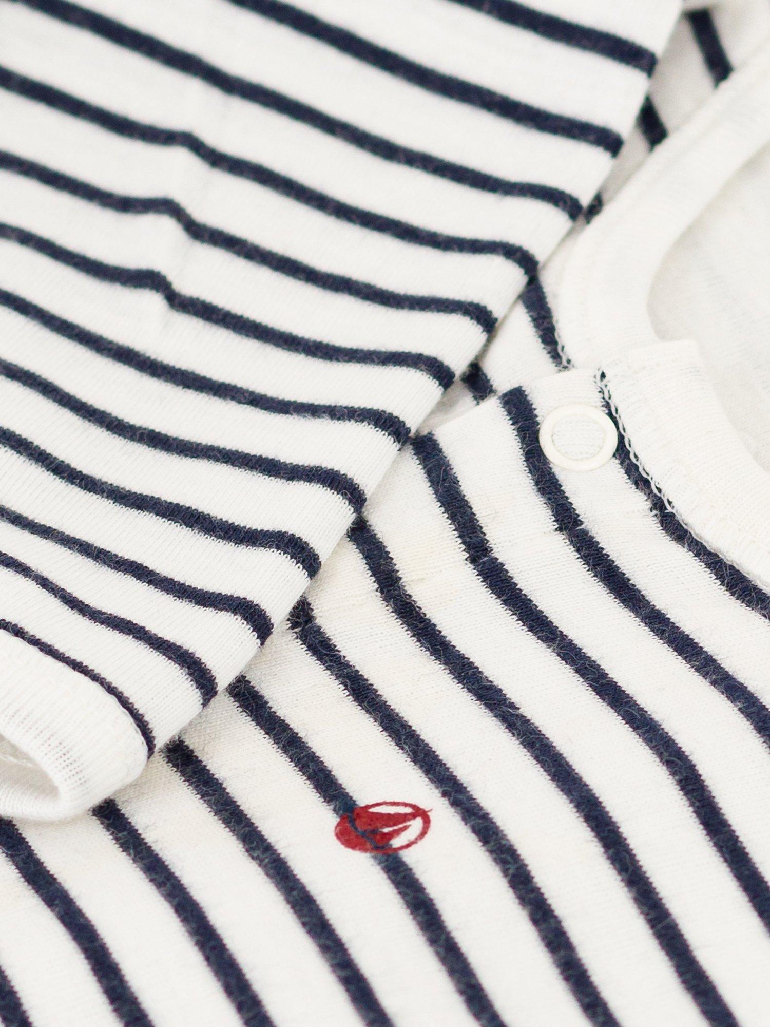 Product image 6 of 6, which shows Petit Bateau Baby Breton Stripe Sleepsuit, Marshmallow/Smoke, 9 months