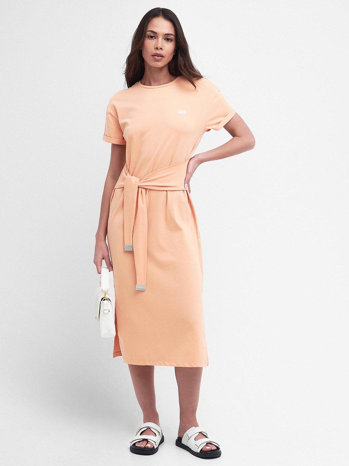 Barbour International Whitson Tie Waist Midi Dress, Peach Melba