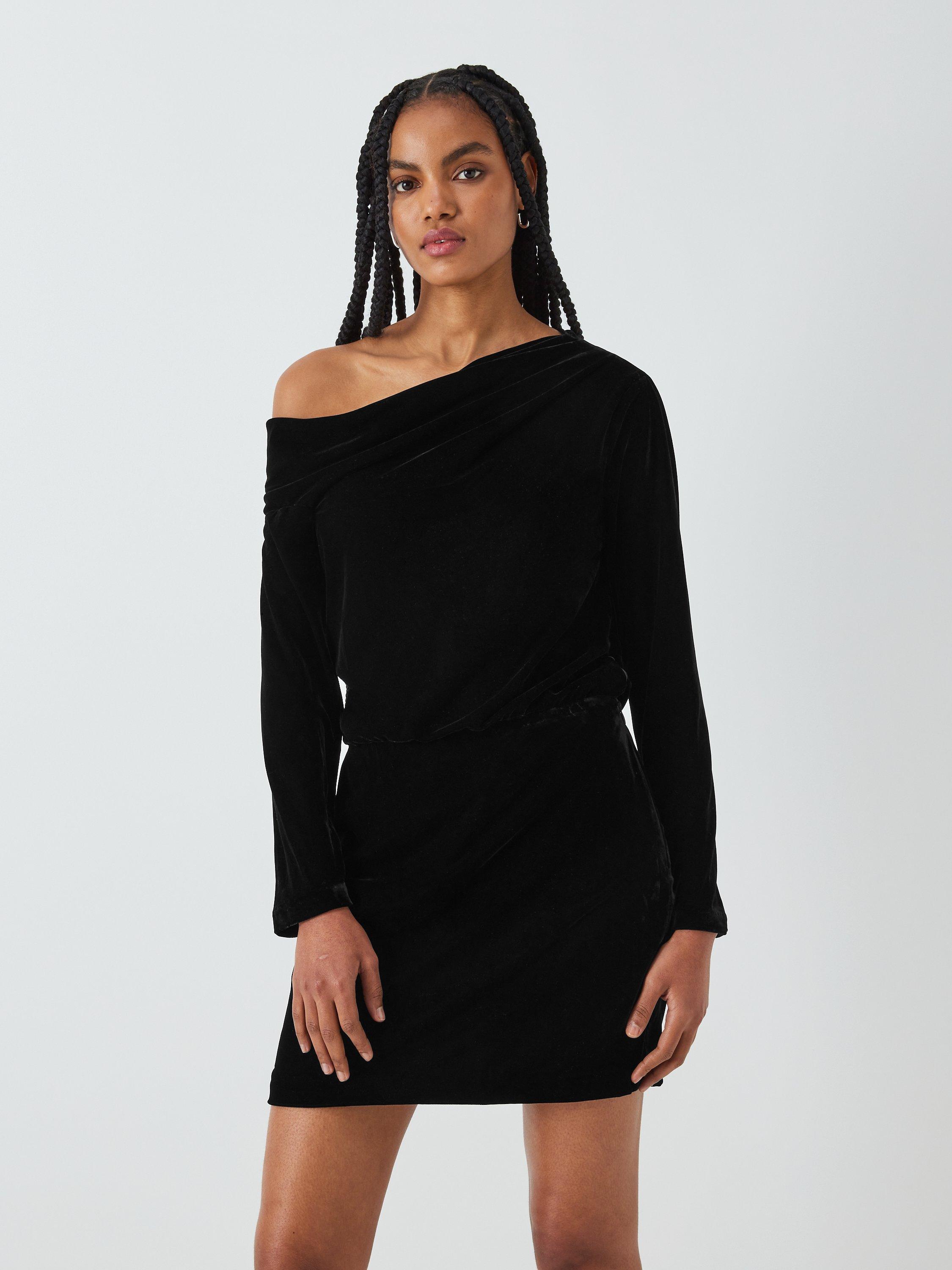 Theory Asymmetric Off Shoulder Velvet Mini Dress Black