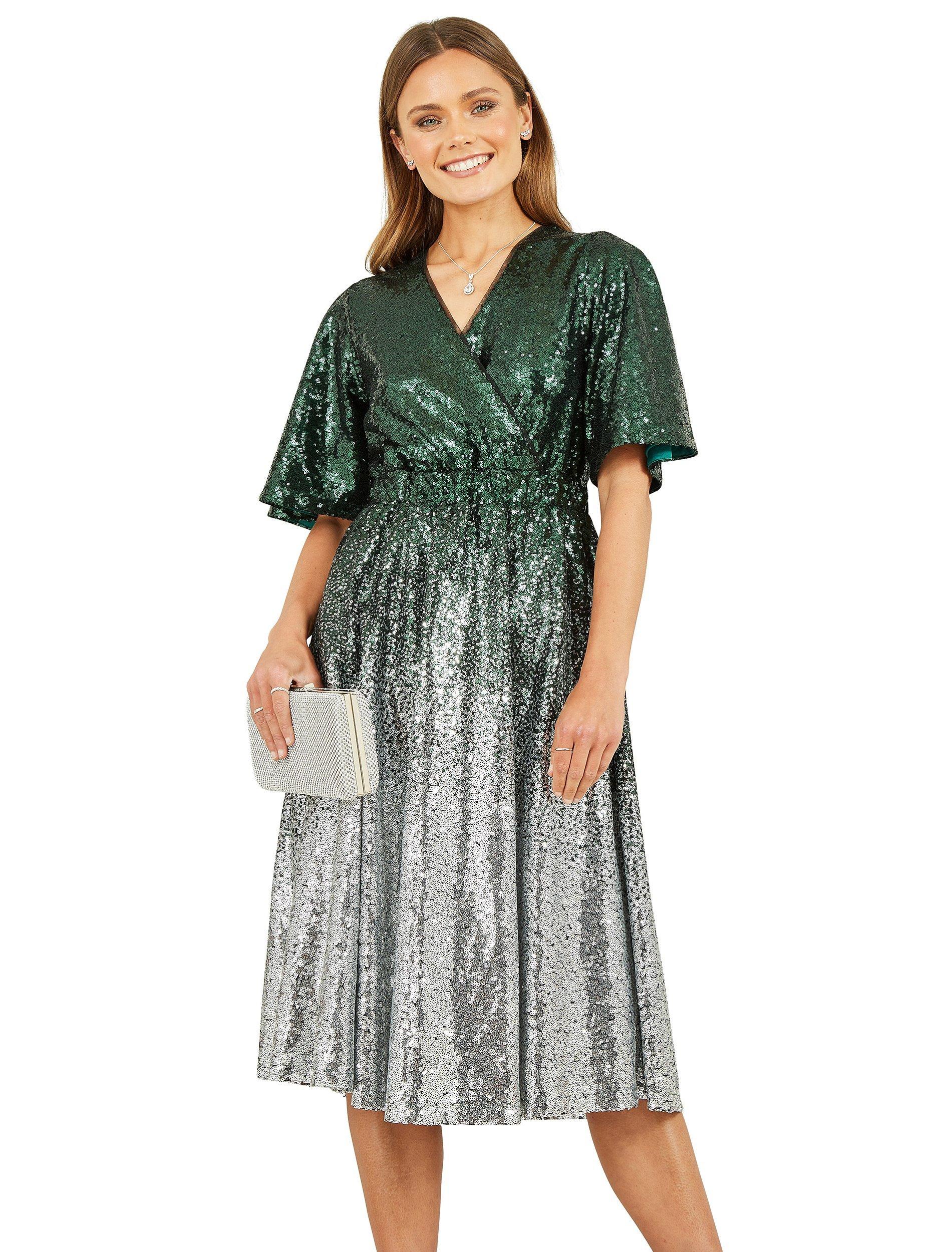 Product image 1 of 5, which shows Yumi Ombre Sequin Midi Wrap Dress, Green/Silver, 8