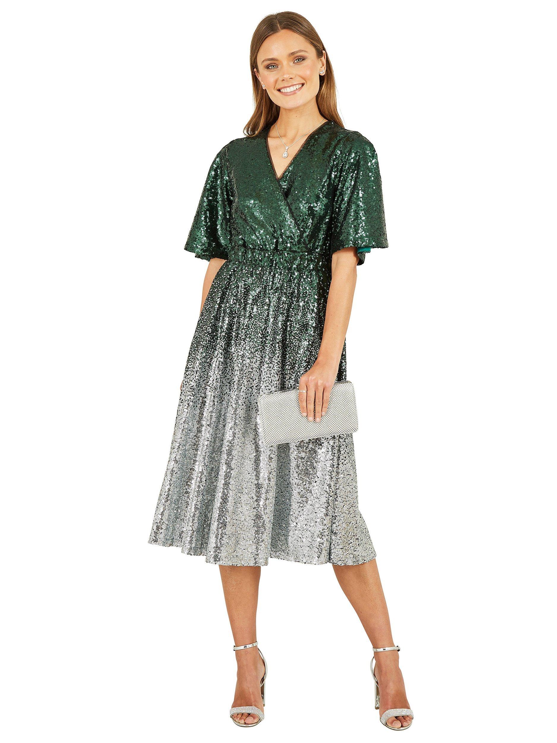 Product image 2 of 5, which shows Yumi Ombre Sequin Midi Wrap Dress, Green/Silver, 8