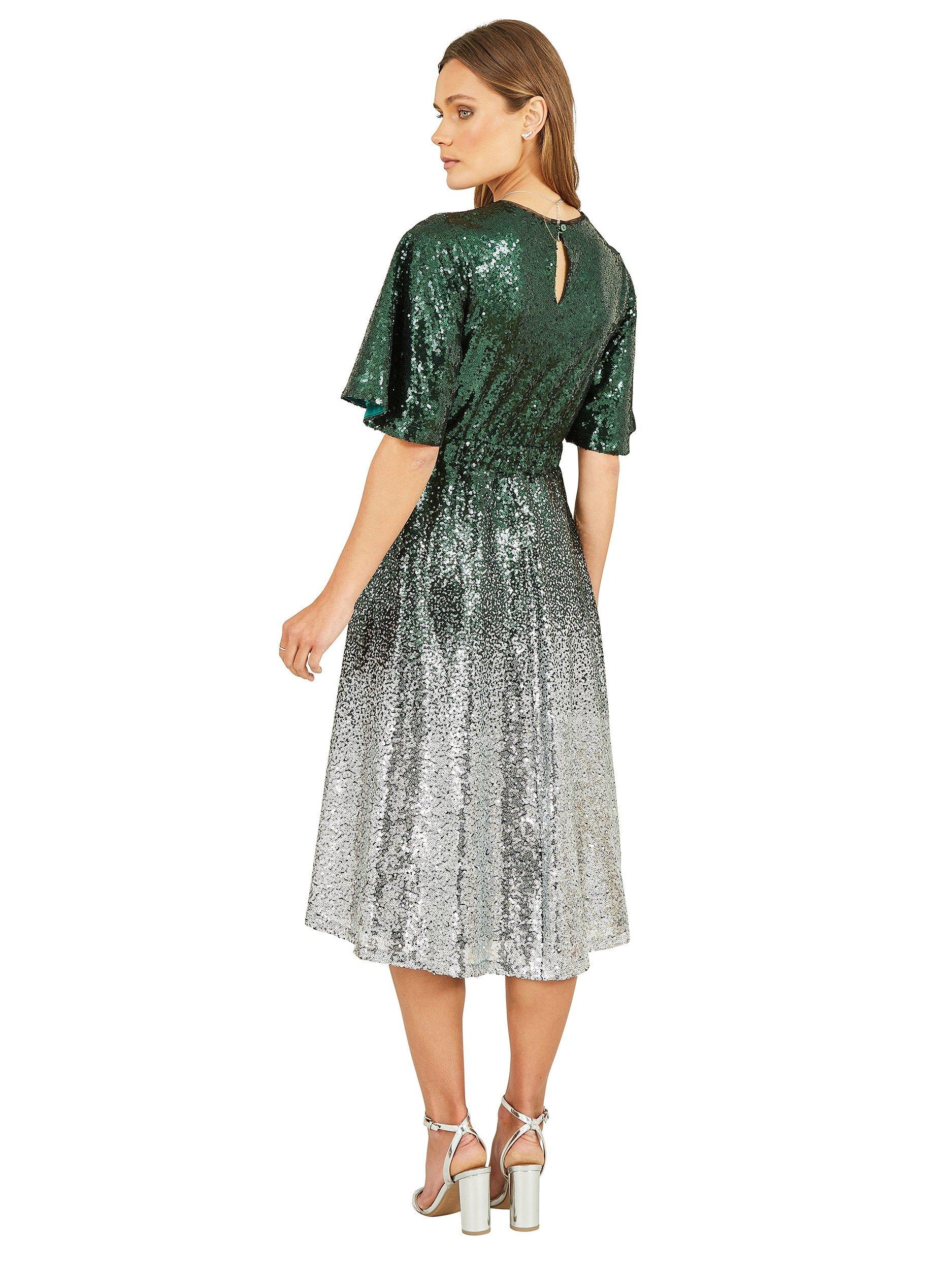 Product image 3 of 5, which shows Yumi Ombre Sequin Midi Wrap Dress, Green/Silver, 8