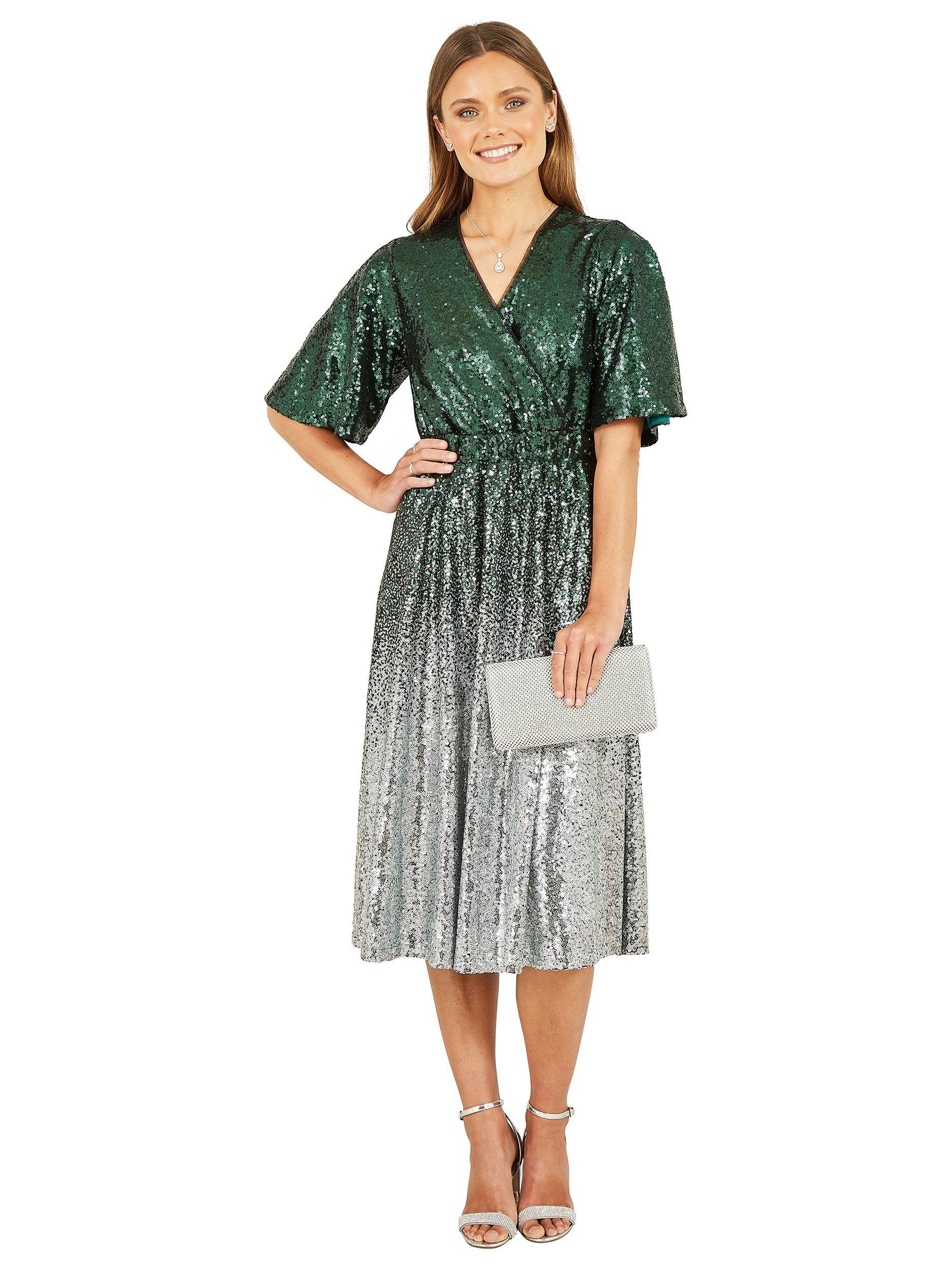 Product image 4 of 5, which shows Yumi Ombre Sequin Midi Wrap Dress, Green/Silver, 8
